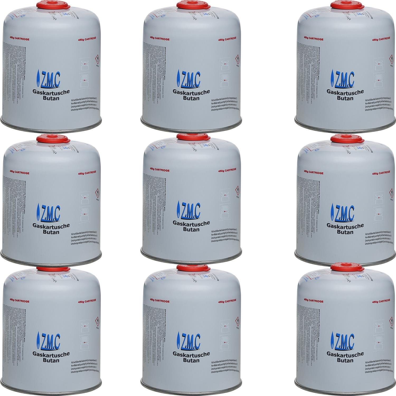 ZMC Gaskartusche 9x Universal Camping Propan Butan Gas 450g Schraubventil Gaskartusche, Zubehör für Butangas Druckgasdose Gaskocher / Gaslötgeräte / Abflammgeräte Eurogewinde, Schraubventil Gaskartuschen 900ml Ventilkartusche Gewindeanschluß