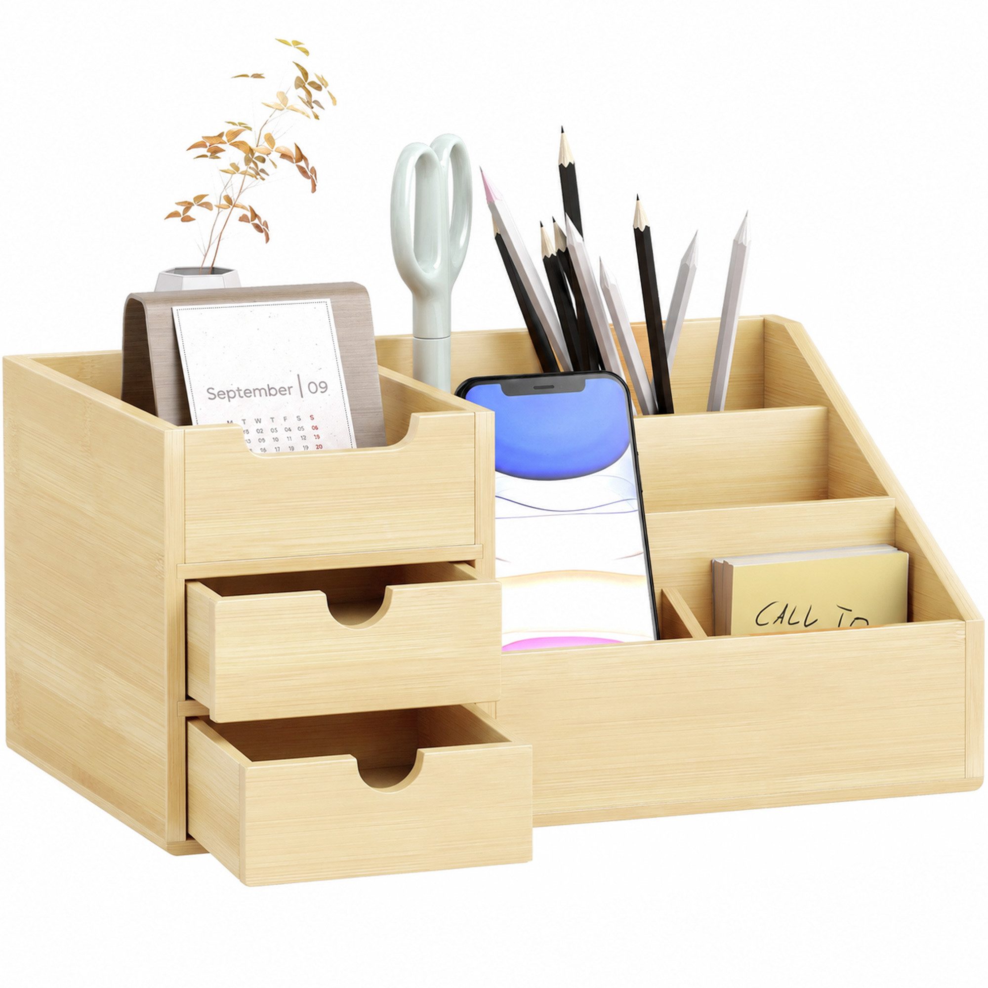 HOMCOM Organizer Schreibtischorganizer Aufbewahrungsbox 2 Schubladen Natur (Schreibtischorganizer, 1 St., 2 Schublade), Naturholz 33 x 20,5 x 15,5 cm – Bild 2 von 5