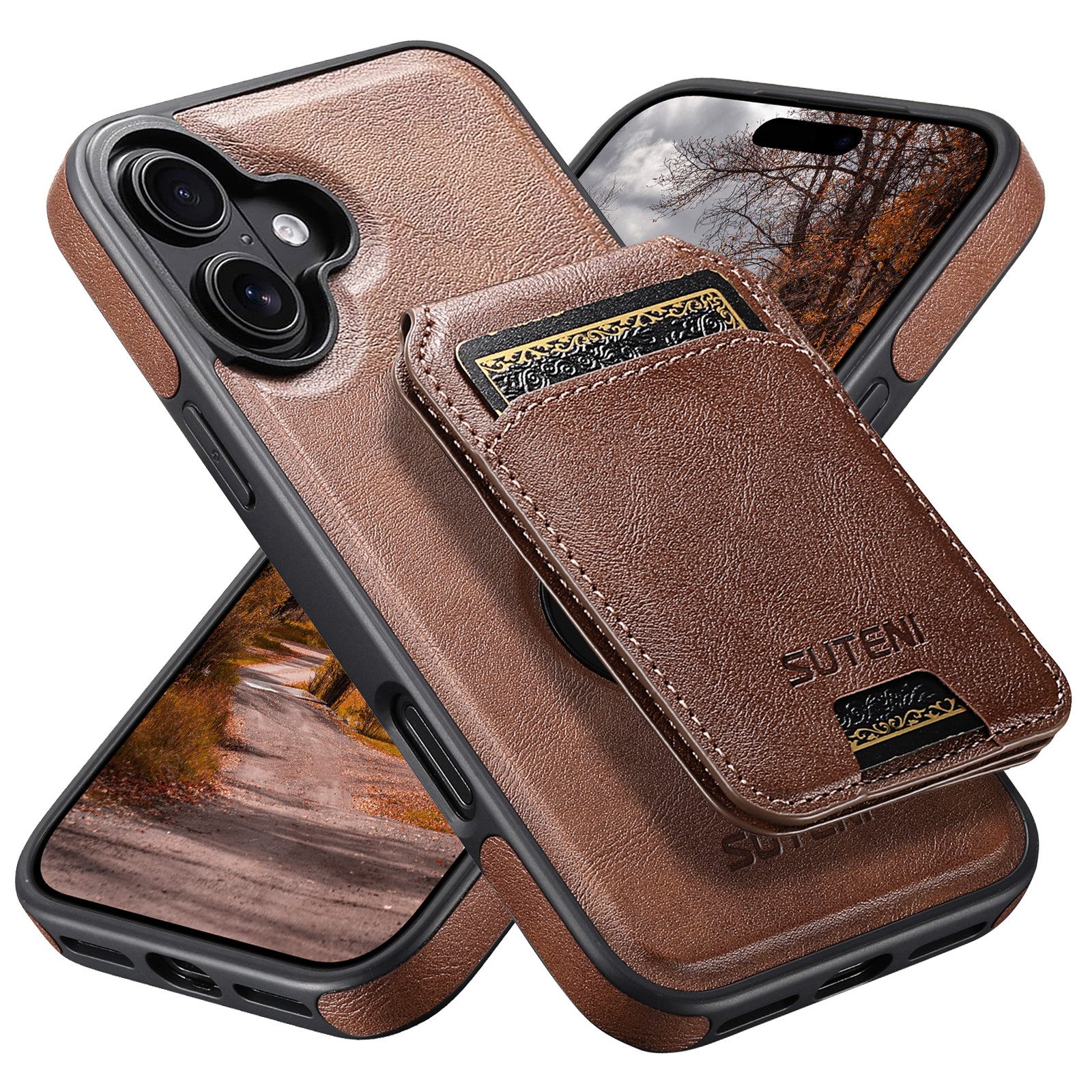 Xruiy Handyhülle für iPhone 17 / 17 Pro mit abnehmbarem MagSafe Wallet magnetischem Kartenhalter & Kickstand – PU-Leder, stoßfest, Braun