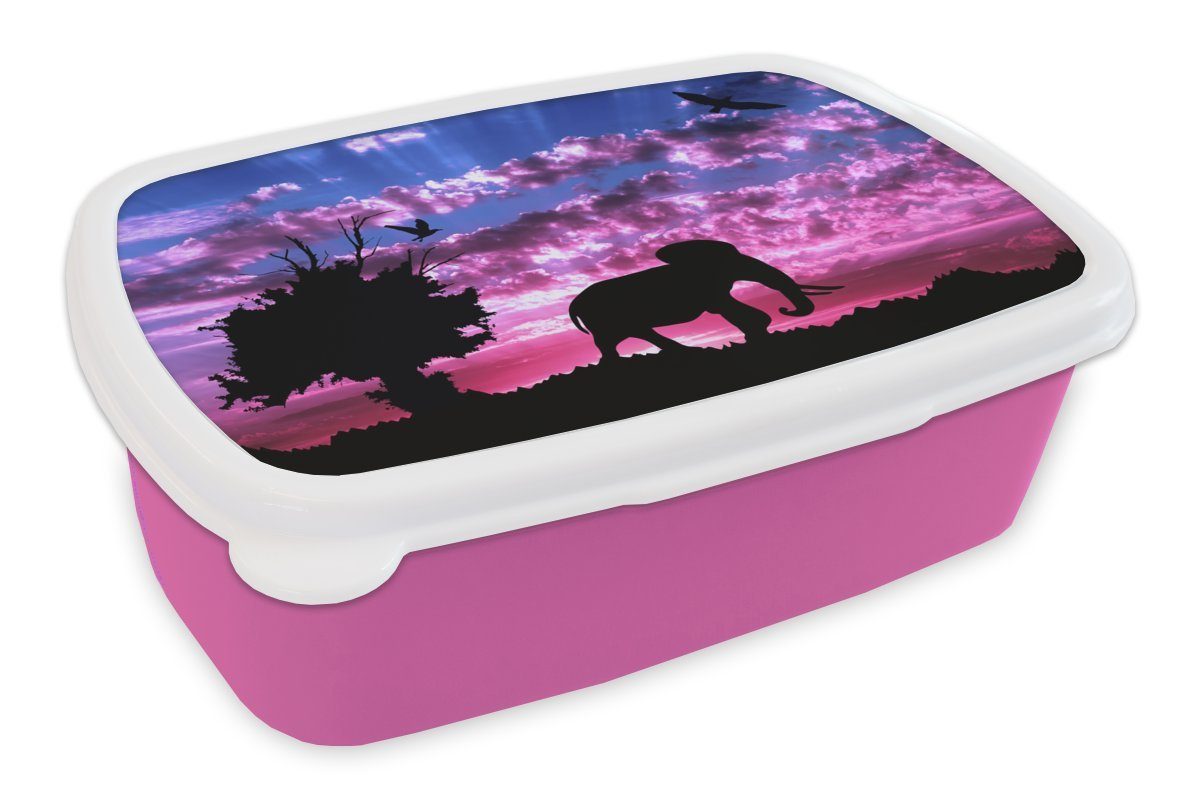 MuchoWow Lunchbox Baum, Mädchen, rosa (2-tlg), Brotbox für Erwachsene, Elefant Kunststoff, Snackbox, - - Brotdose Kunststoff Kinder, Vogel