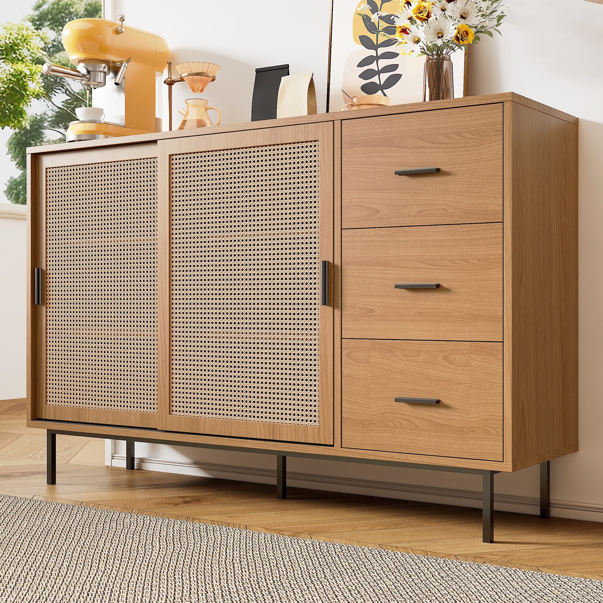 IDEASY Sideboard Landhaussideboard mit 2 Schiebetüren & Schubladen