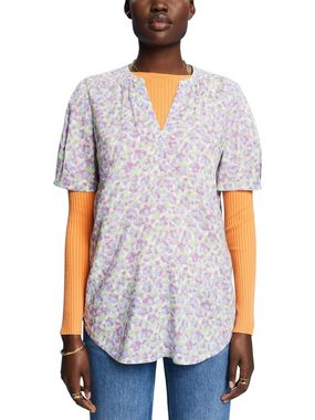 Esprit Kurzarmbluse Florale Bluse mit Schlitz am Ausschnitt