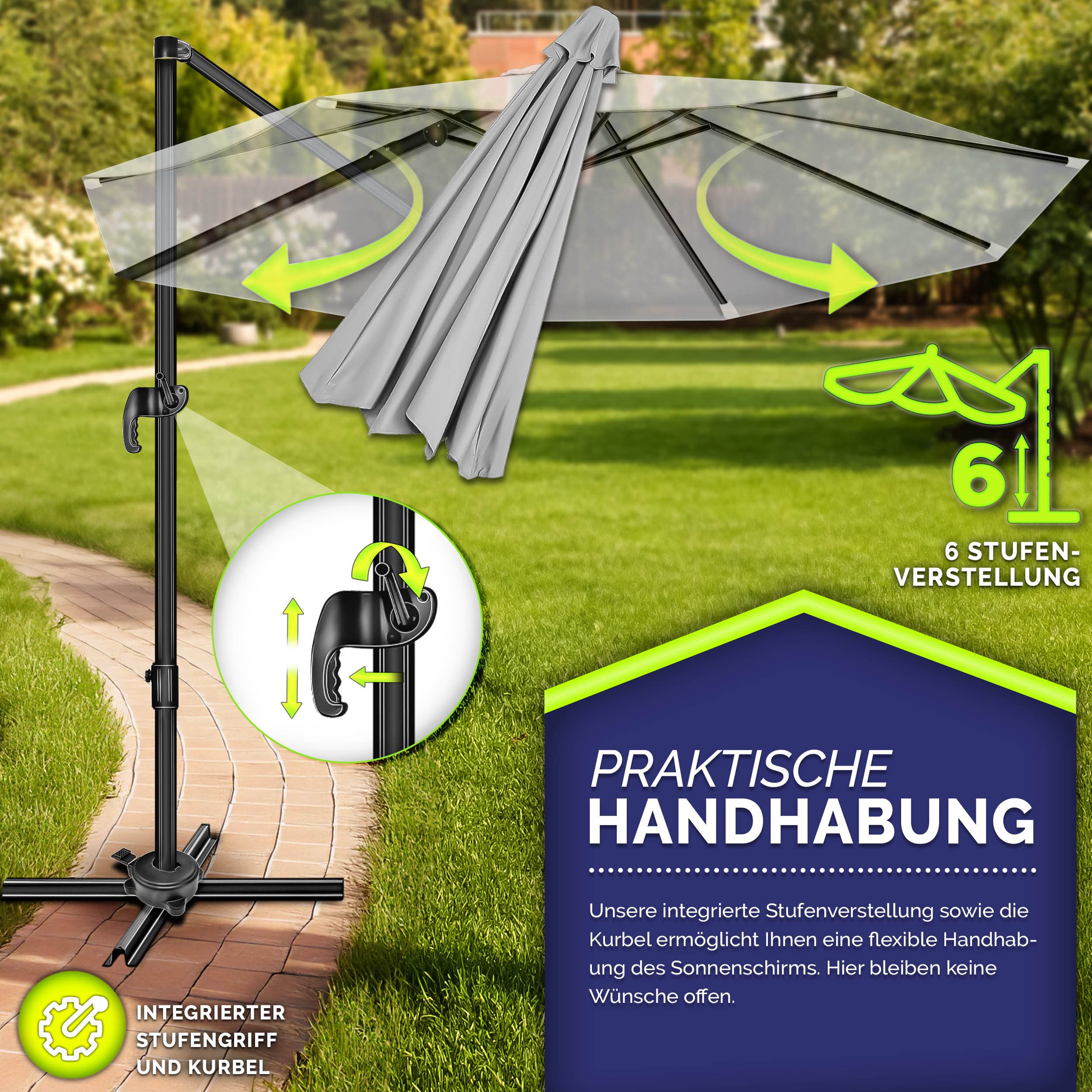 tillvex Sonnenschirm tillvex® Premium Alu Sonnenschirm 330 cm + Abdeckung & Windsicherung, Premium-Series, inkl. Regenabdeckung, Ampelschirm 6-fach Verstellbar mit Kurbel