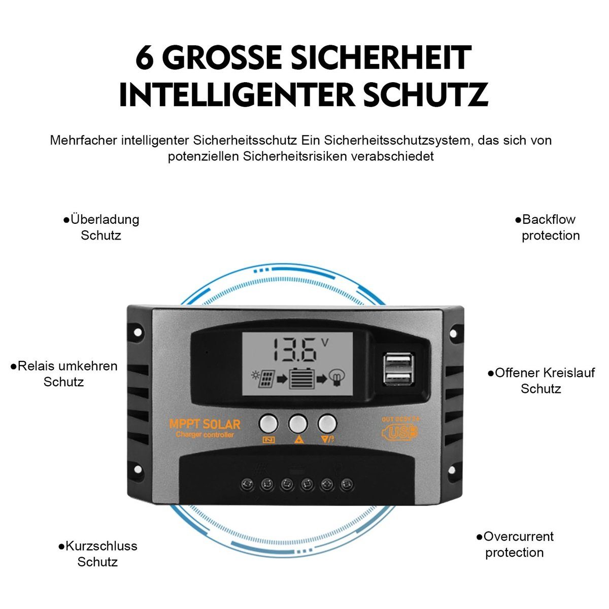 PFCTART Solarladeregler MPPT PV-Panel-Laderegler mit Display, 40A/100A, Set, 1-St., Geeignet für LiFePO4-Batterien, Lithiumbatterien usw, 5-facher Schutz gegen  – Bild 2 von 5