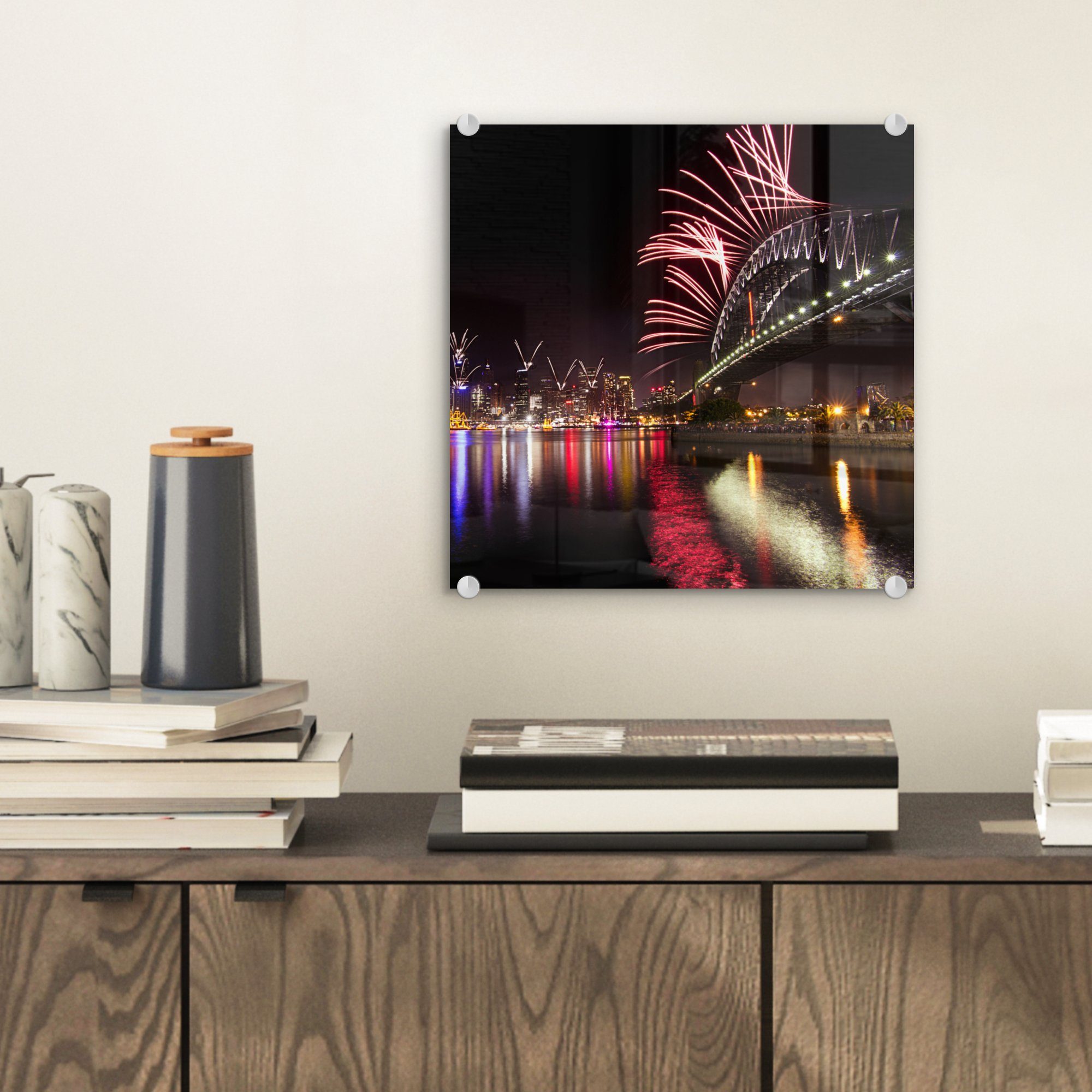 Wandbild - Glas auf Australien, Glasbilder Foto MuchoWow in Bilder mit Feuerwerk (1 - St), Acrylglasbild Bridge auf - Harbour Sydney Wanddekoration Glas
