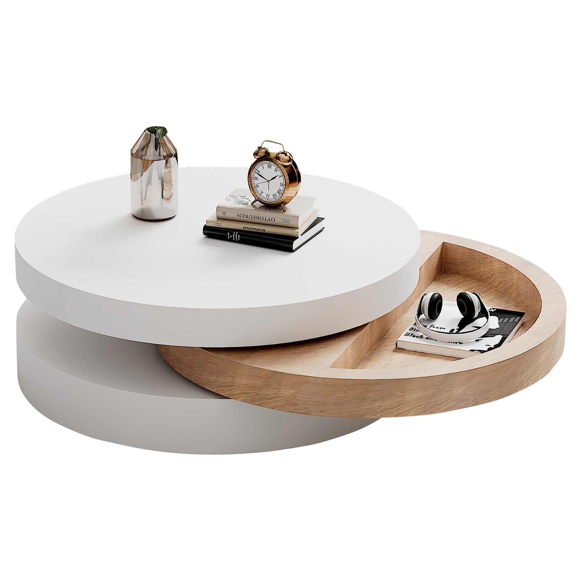 Merax Couchtisch drehbarer Sofatisch Zylindrisch Beistelltisch in Weiß & Holzoptik (Kaffeetisch, 1-St., 60 x 60 x 35,1 cm), Wohnzimmertisch mit 3 Ebenen, Stauraum und 360°-Schwenkfunktion