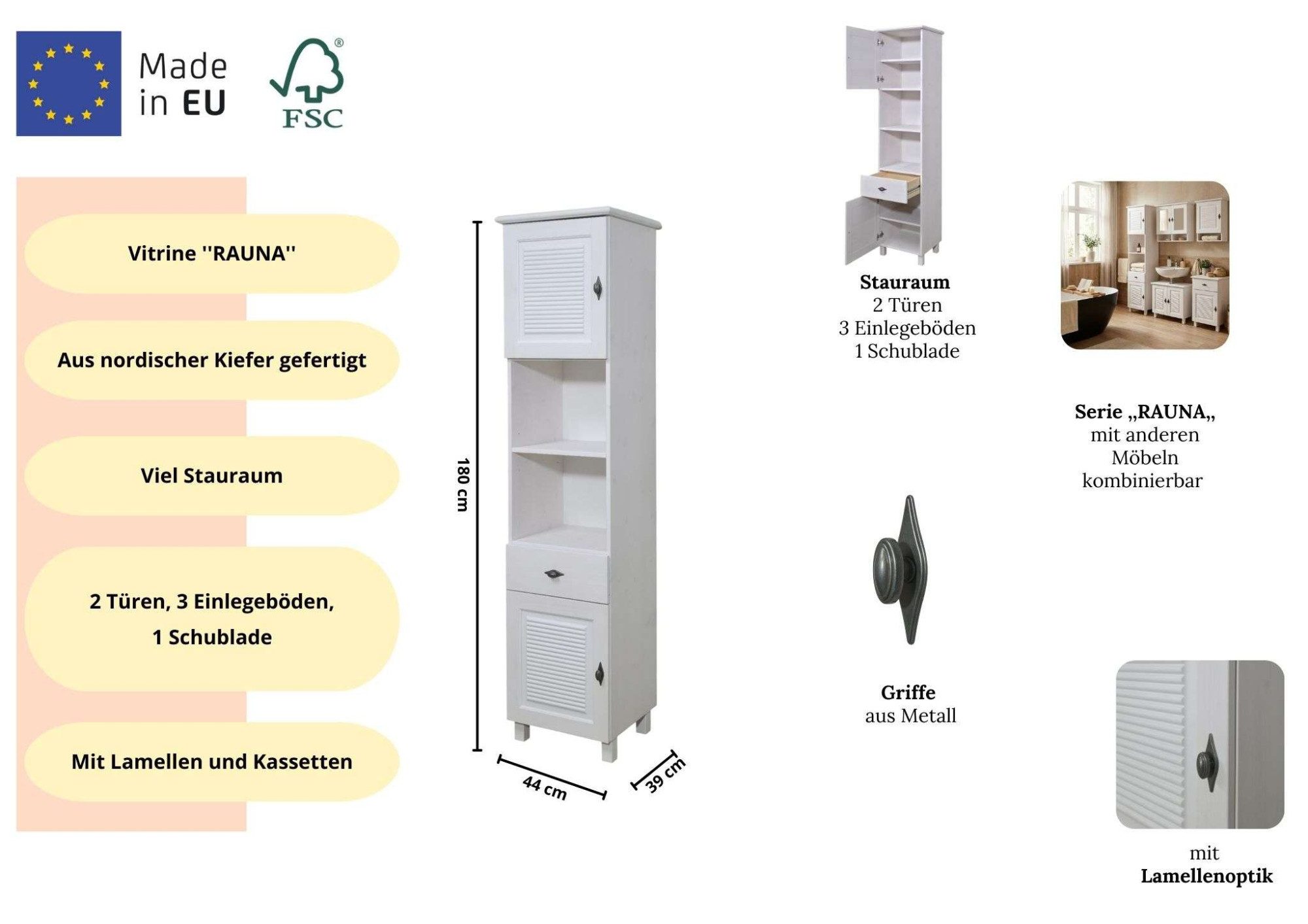 OTTO home Hochschrank Rauna aus massiver Kiefer, Breite 44 cm, Rillenoptik, made in EU