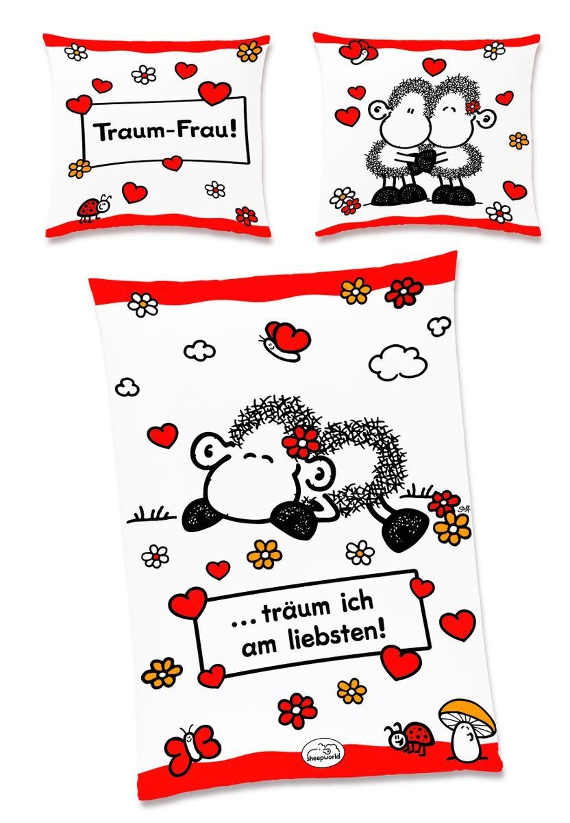 JACK Bettwäsche JACK Renforcé Bettwäsche sheepworld Traum Frau 135x200cm 2 tlg. Herzen, Renforcé, 2 teilig, Wendebettwäsche mit witzigem Schaf und Herzen, Reißverschluss