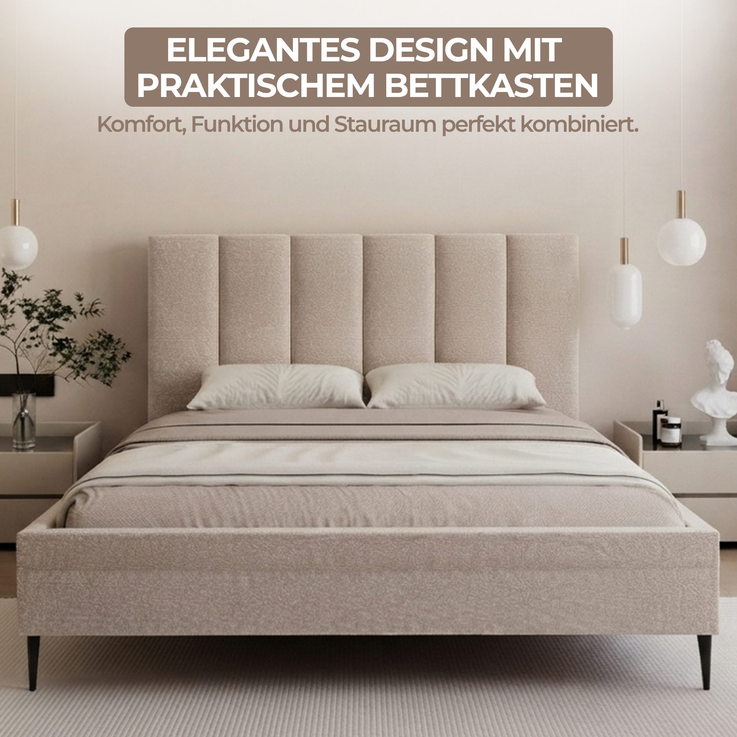 Goldstoff Polsterbett Modernes Bett "GERMAIN" mit hohem Kopfteil und integriertem Bettkasten (120–200x200 cm, Kopfteilhöhe: 90/110 cm, Seitenhöhe: 25/40 cm), El – Bild 3 von 5