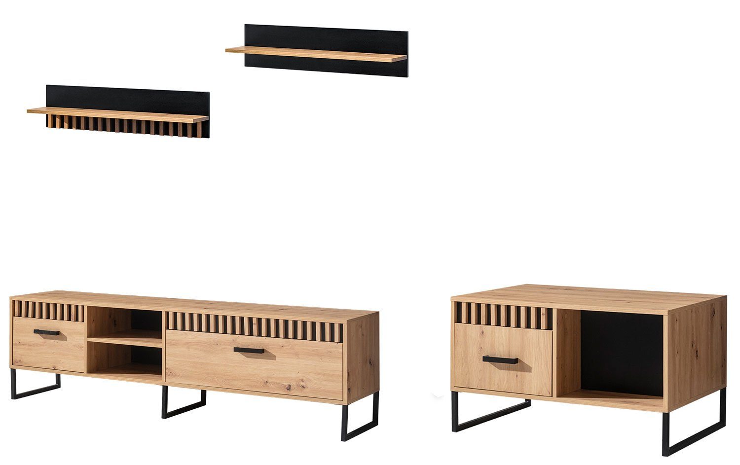 Feldmann-Wohnen Wohnwand Lamelix, (1 Lowboard, 1 Couchtisch, 2 Wandregale, 3-St., moderne Holzoptik, Metallgriffe, Metallfüße), 4-teilig Eiche Artisan / schwarz matt