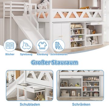 MODFU Kinderbett Etagenbett Hochbett (ohne Matratze), mit Rutsche,Treppen, Schubladen und Schließfach, massivholz, 90*200