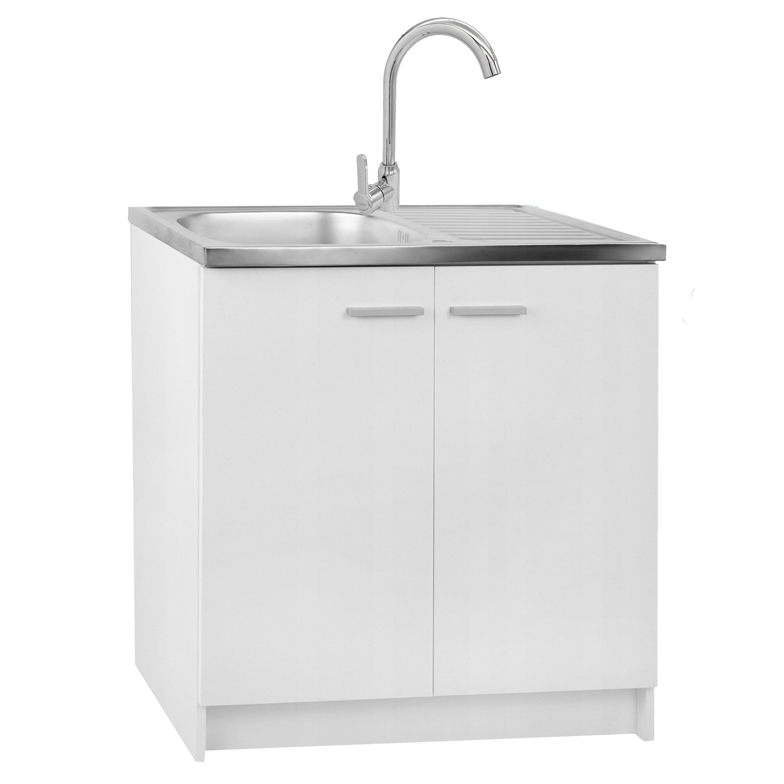 STAMAR Spülenschrank Küchenunterschrank 80 cm Weiß mit Spüle Armatur Chrom Komplettset Unterschrank stehend Edelstahl Spülbecken Wasserhahn Abtropffläche