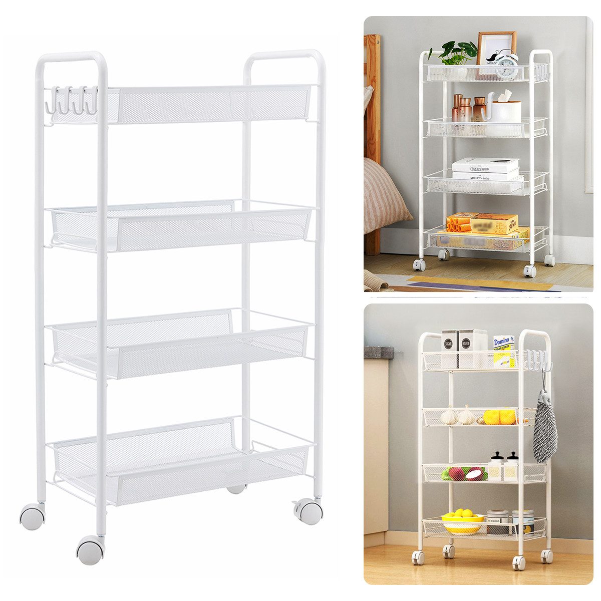 Simloveve Rollwagen Küchenwagen auf Rollen, 4 Ebenen Schmale Rollwagen, Servierwagen, Nischenregal, Küchenregal, Badregal, Küchentrolley