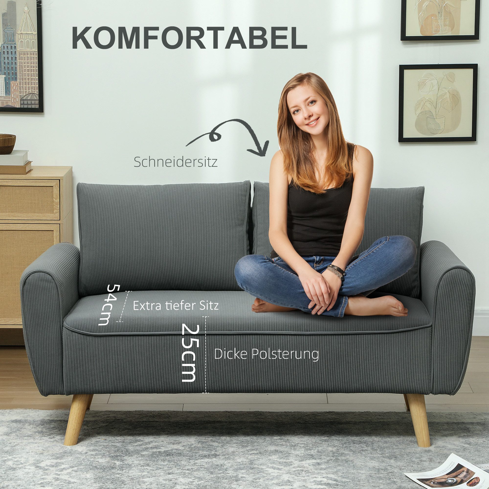 HOMCOM 2-Sitzer Polstersofa mit 54cm extra tiefen Sitzen,mit Holzrahmen 2er Couch, Doppelsofa 1 Teile, für Wohnzimmer Schlafzimmer Büro, 145 x 75 x 78 cm, Dunke – Bild 4 von 5