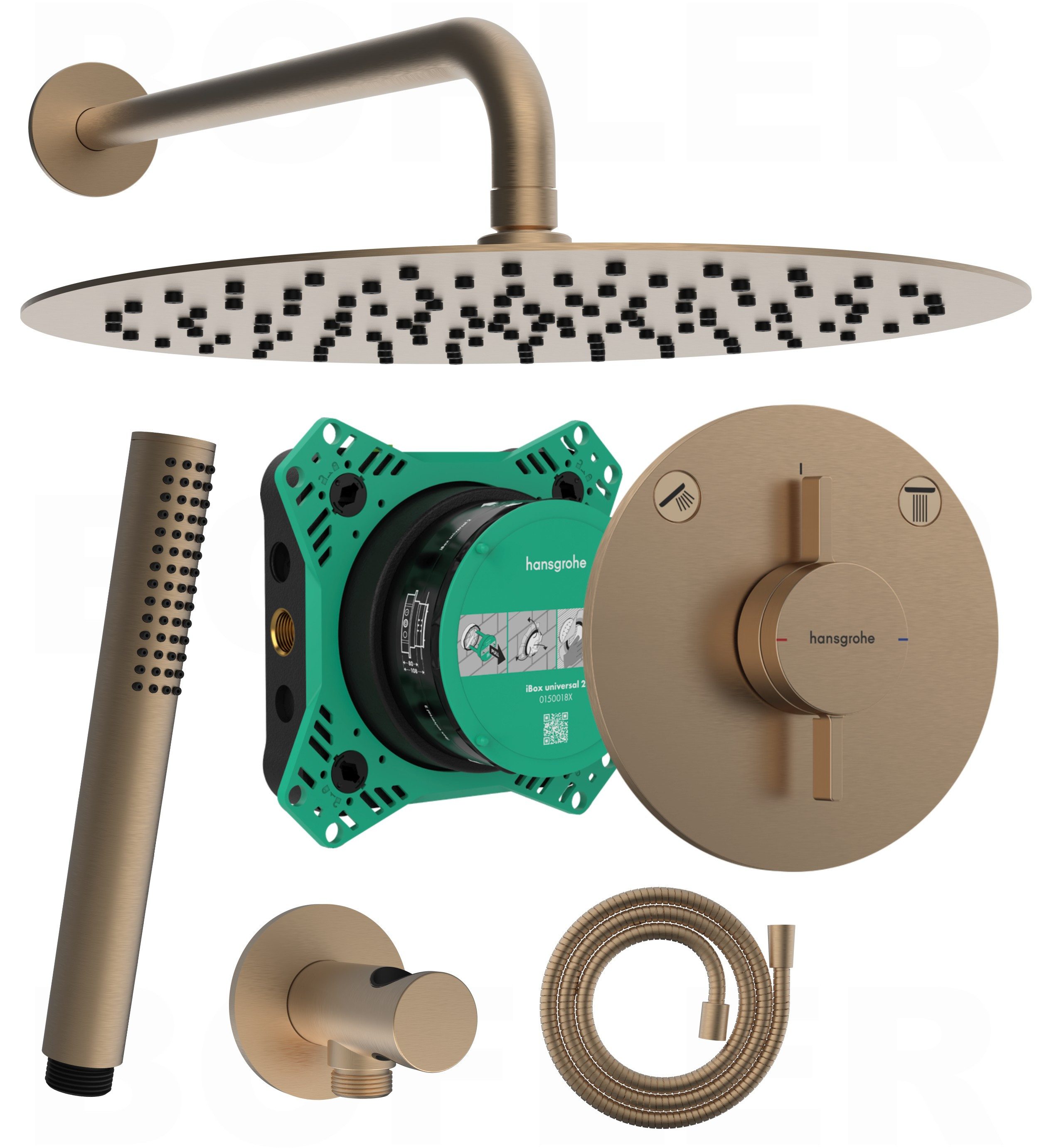Hansgrohe und Bofler Duscharmatur Hansgrohe DuoTurn S Unterputz Armatur mit Umsteller + IBOX 2 (Unterputz Duschset, Duschanlage, Duschsystem, inkl. BOFLER Brauseset #83 Handbrause, Regendusche 30cm, Brausearm) wassersparende Regendusche, Gummidüsen, PVD b