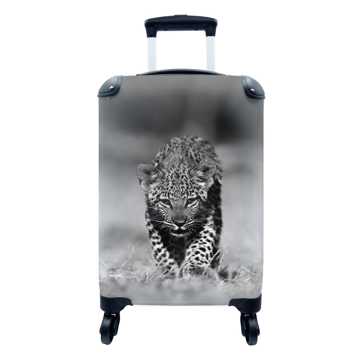 MuchoWow Handgepäckkoffer Porträt eines Leopardenjungen - schwarz und weiß, 4 Rollen, Reisetasche mit rollen, Handgepäck für Ferien, Trolley, Reisekoffer