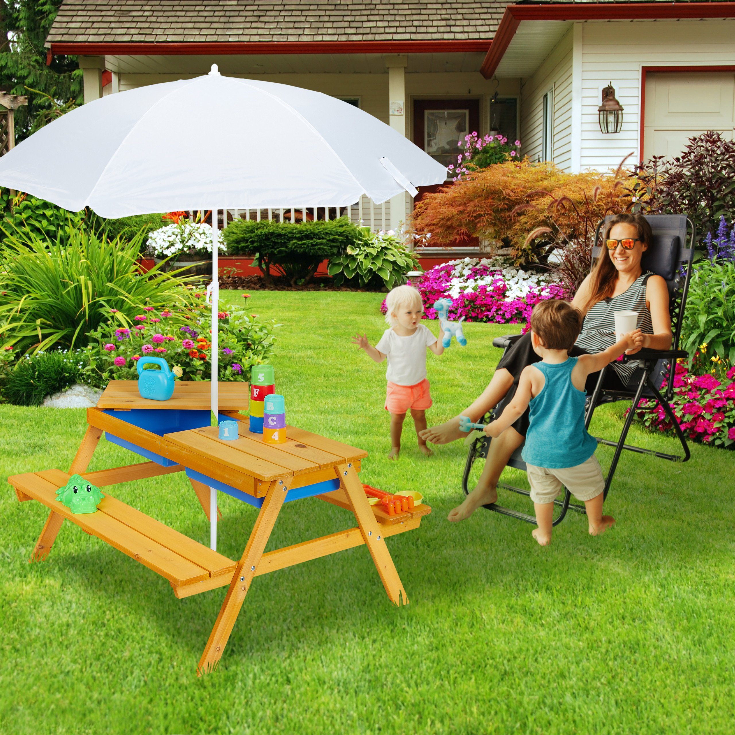 relaxdays Garten-Kindersitzgruppe Kindersitzgruppe Holz mit Schirm