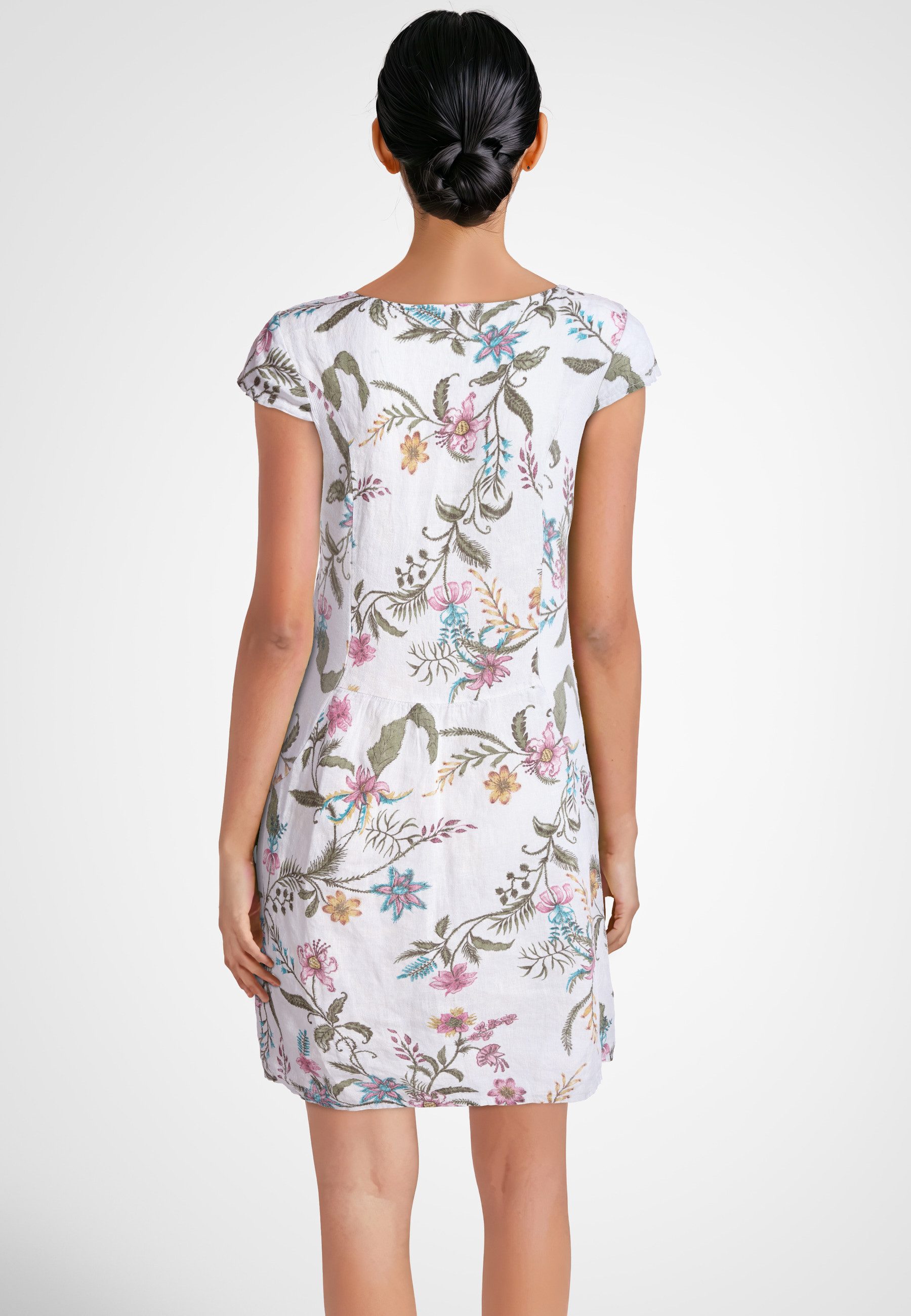 PEKIVESSA Sommerkleid Leinenkleid knielang kurzarm (Einzelartikel, 1-tlg) Leinenstoff mit Blumenmuster
