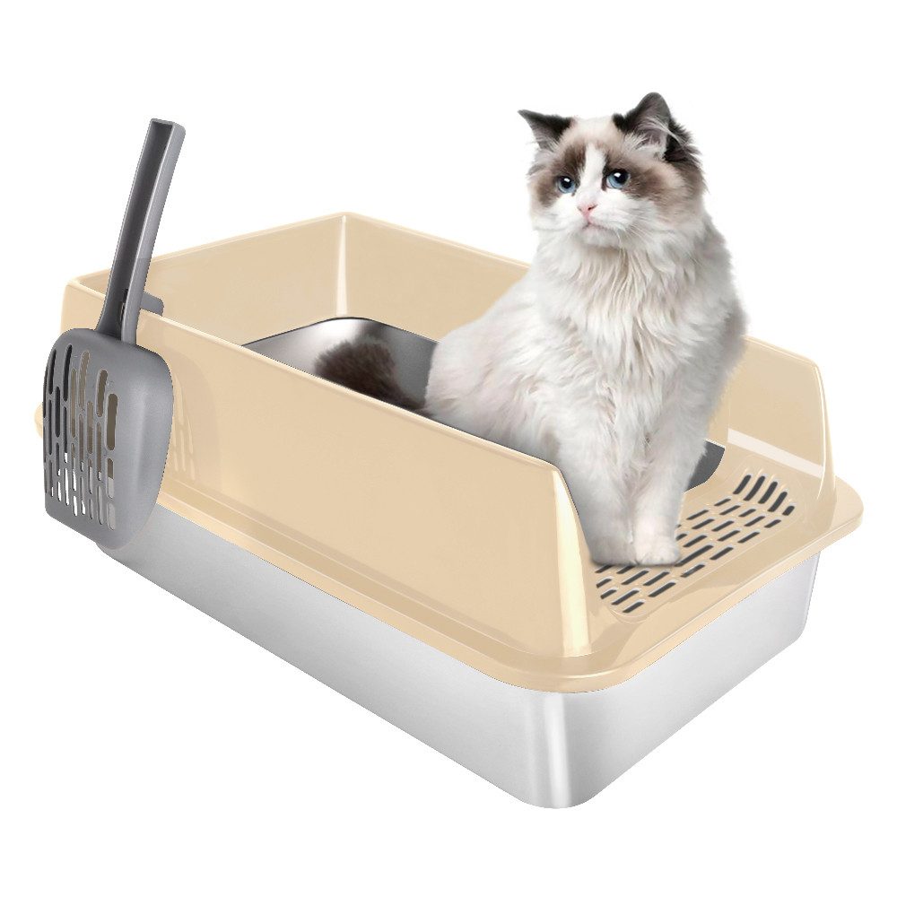 JEOBEST Katzentoilette Katzenklo Edelstahl XL, Offene Katzenklo, Nicht klebrig, mit Pedals und Schaufel, Geruchsfrei und langlebig