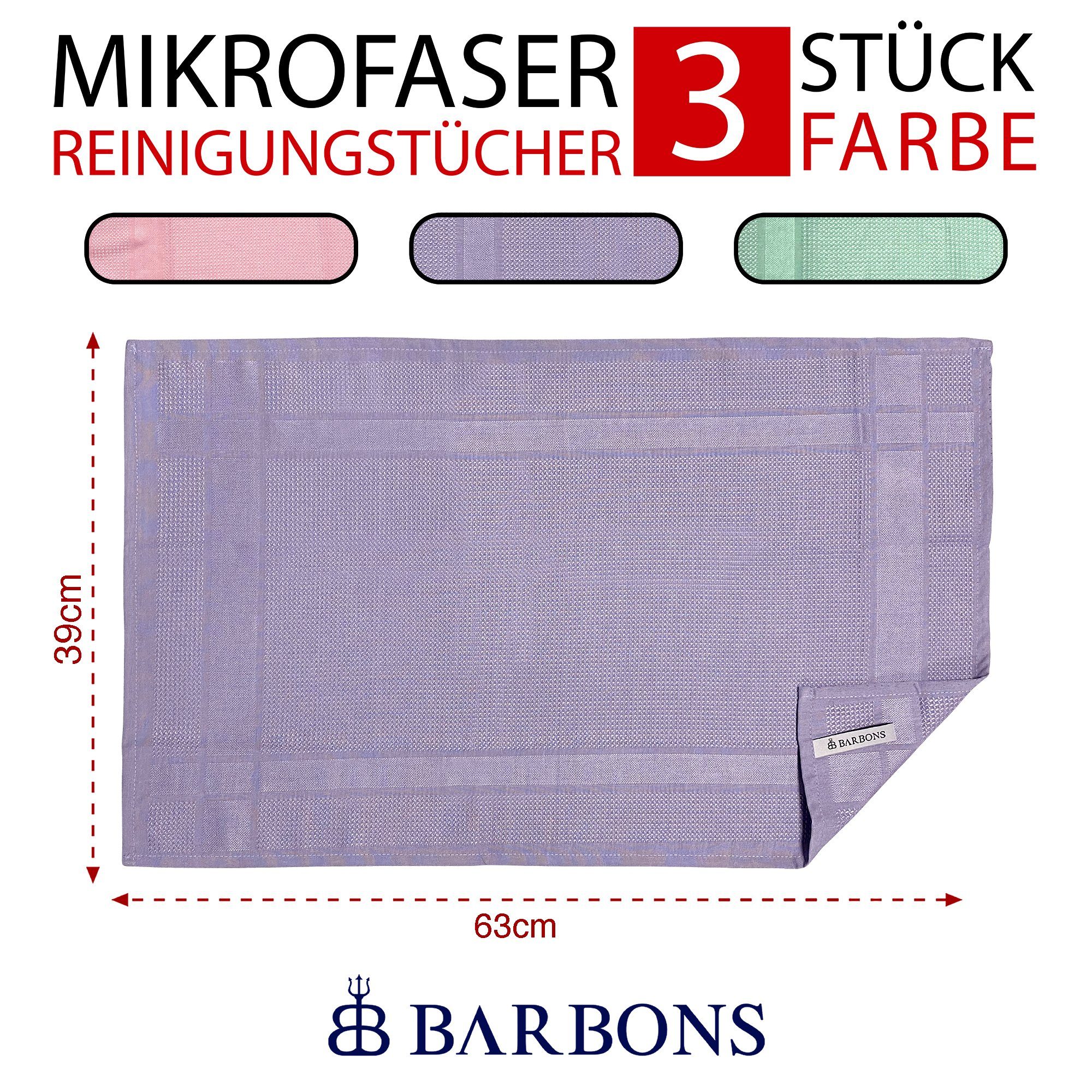 BARBONS Mikrofasertücher Geschirrtücher cm, Auto) Fenstertücher Mikrofaser, (100% Mikrofasertuch 60x40 Staubfrei 3-tlg., Streifenfrei, 1 Packung, Allzwecktücher Allzwecktücher, Rosa/Mint/Flieder