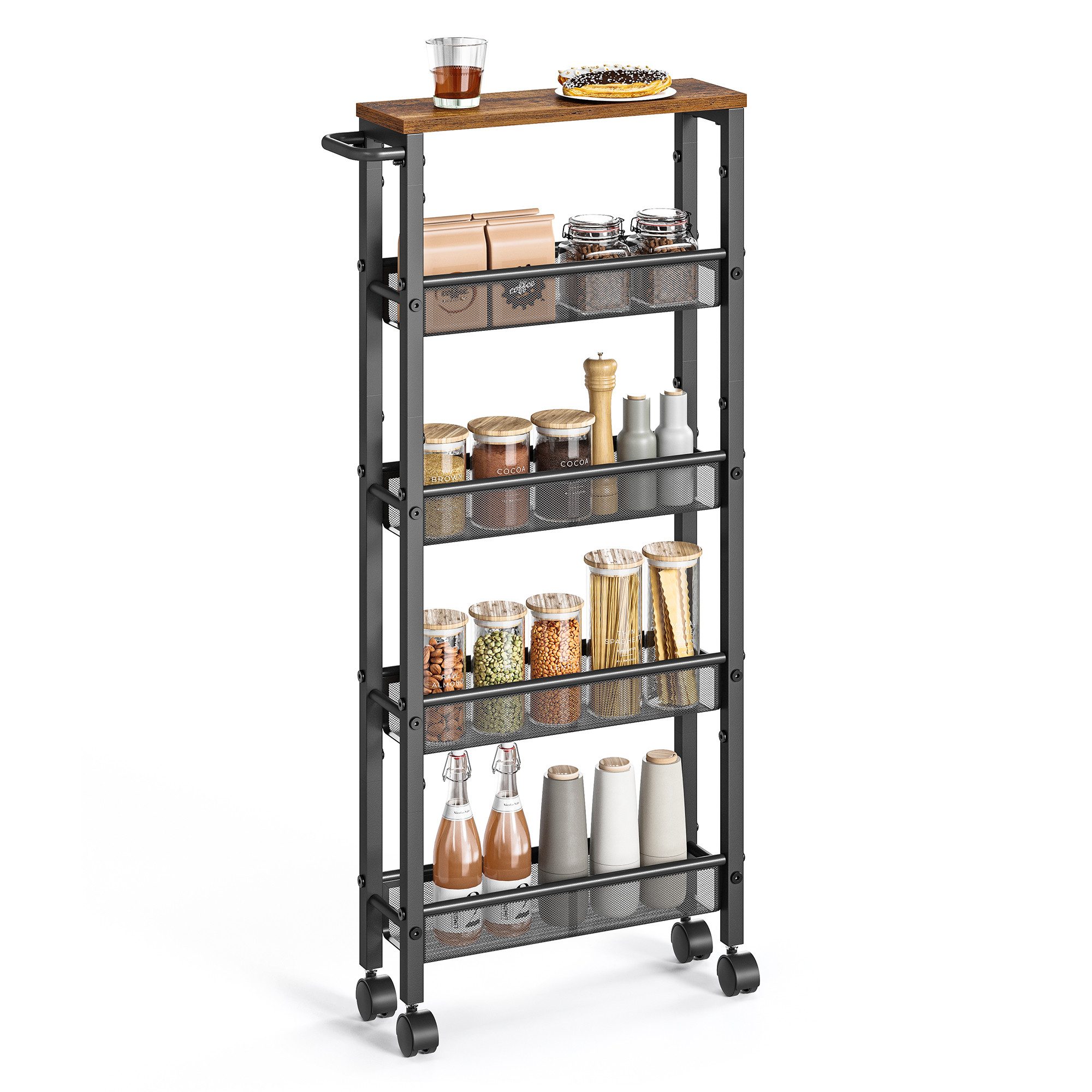 VASAGLE Beistellwagen Küchenwagen schmal, für kleine Räume, Küche, Wohnzimmer, Arbeitszimmer, 5 Ebenen, Nischenregal auf Rollen, Stahl, Griff, 13 x 41 x 99,6 cm