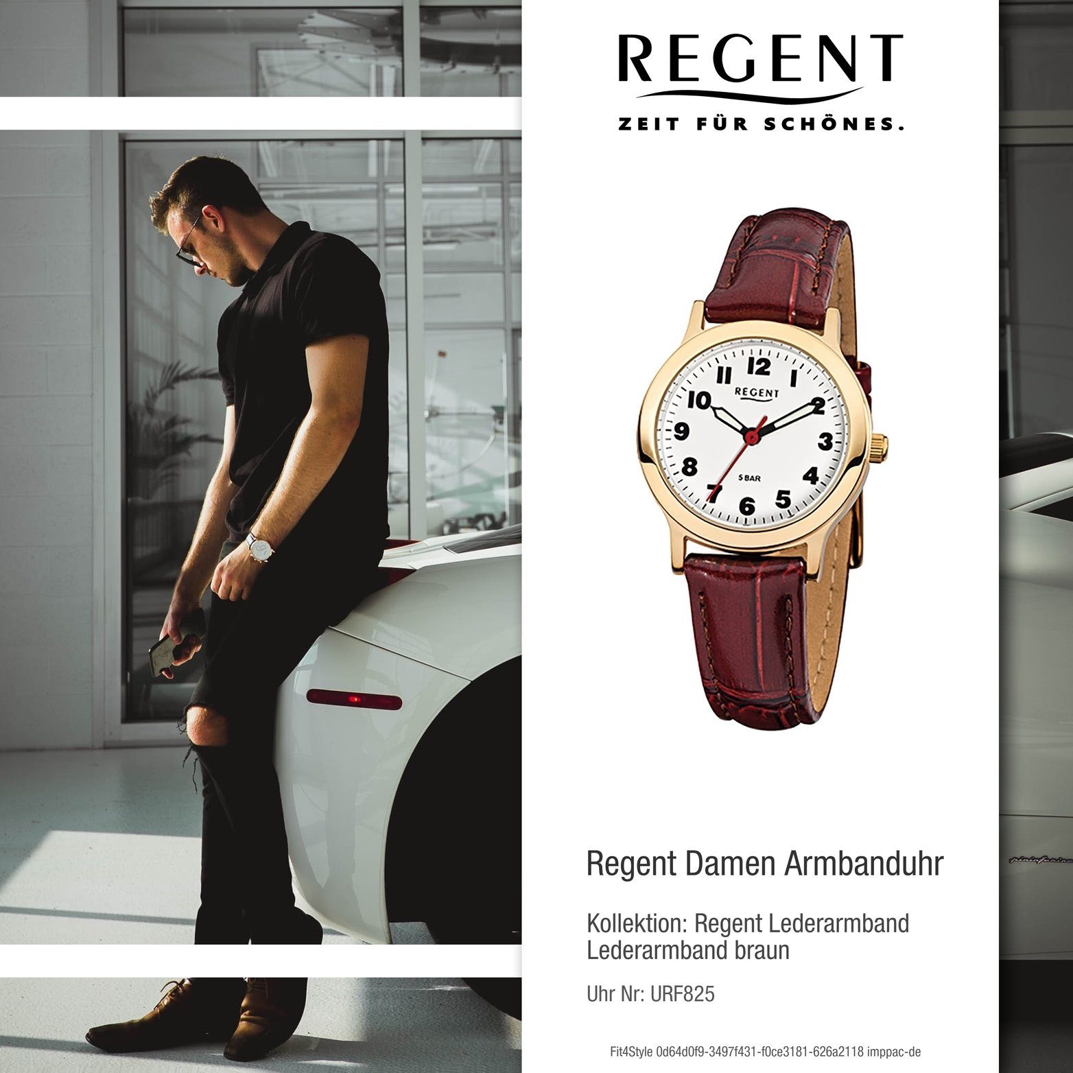 Regent Quarzuhr Regent F-825 klein Damenuhr Uhr Damen 28mm) rundes braun, Gehäuse, Quarzuhr, Leder (ca. Lederarmband