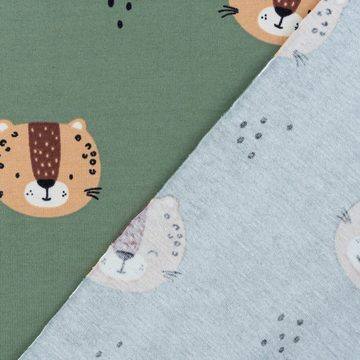 SCHÖNER LEBEN. Stoff Jersey Baumwolljersey Leoparden Köpfe grün braun 1,5m Breite, allergikergeeignet