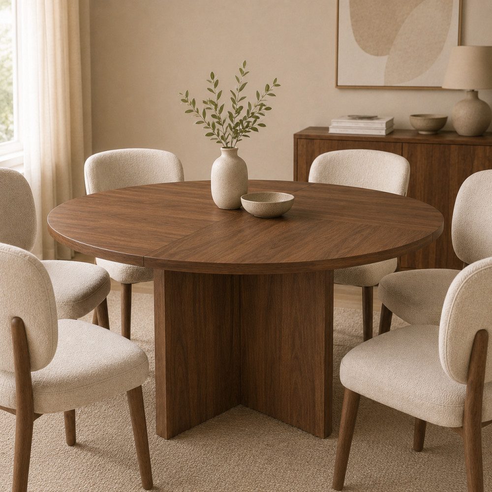 BBWL Esstisch für 4-6 Personen, skandinavisches Design, MDF-Tischplatte, Runder Esstisch 120x120 cm, vielseitiger Küchentisch