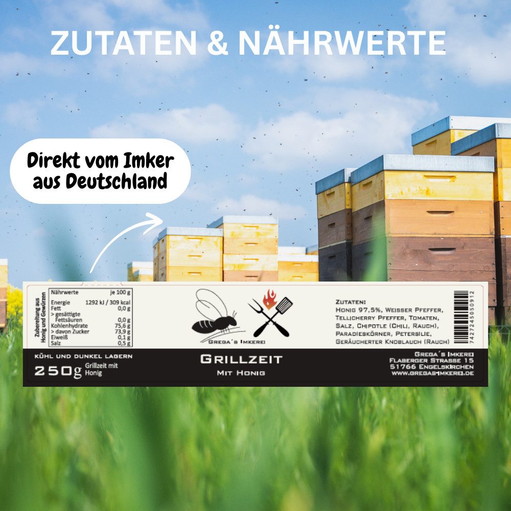Grega´s Imkerei Grillsauce Honigsüße Geschenk Box Set, 1 x 250 g, (nach deiner Wahl, perfektes BBQ Gastgeschenk oder Mitbringsel für Grill begeisterte), Honigsüße Grillspezialitäten direkt vom Imker