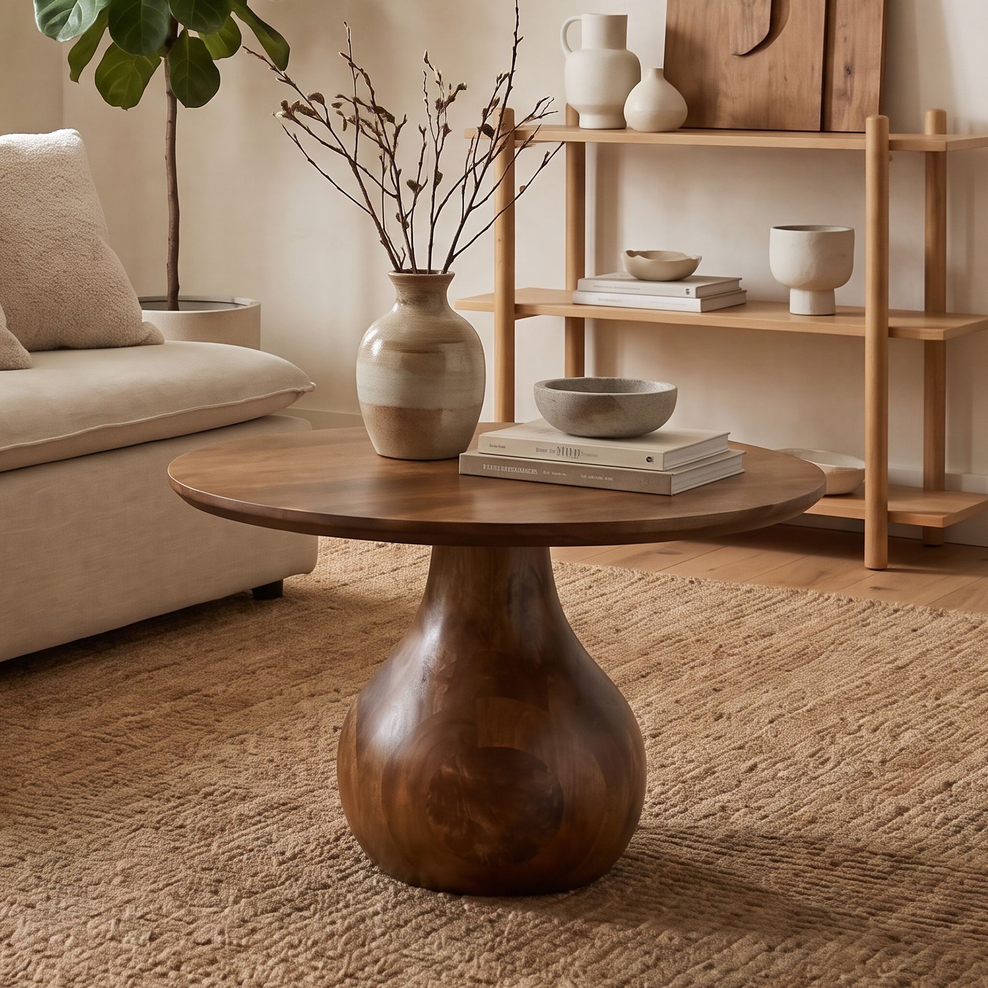 FINEBUY Couchtisch FB117749 Massivholz 60cm Wohnzimmertisch Sofatisch Beistelltisch Tisch (Skulpturaler Wohnzimmertisch aus Mangoholz), Runder Kaffeetisch mit markantem Tropfenfuß