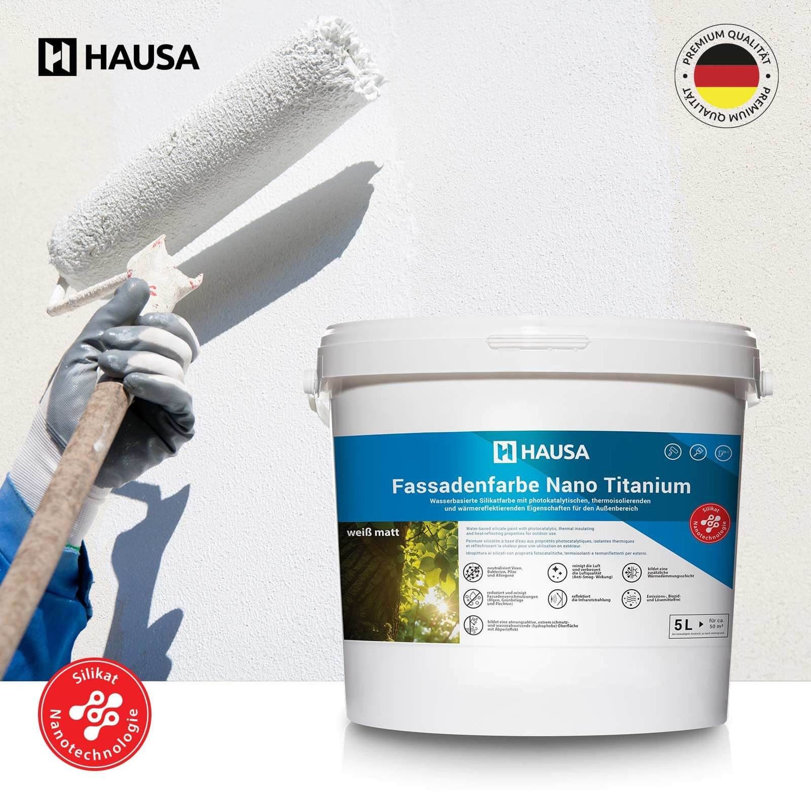 Hausa Fassadenfarbe Nano Titanium Außenfarbe, 10L für ca. 50 m² weiß Anti-Smog, thermoisolierend, Reinigt die Luft