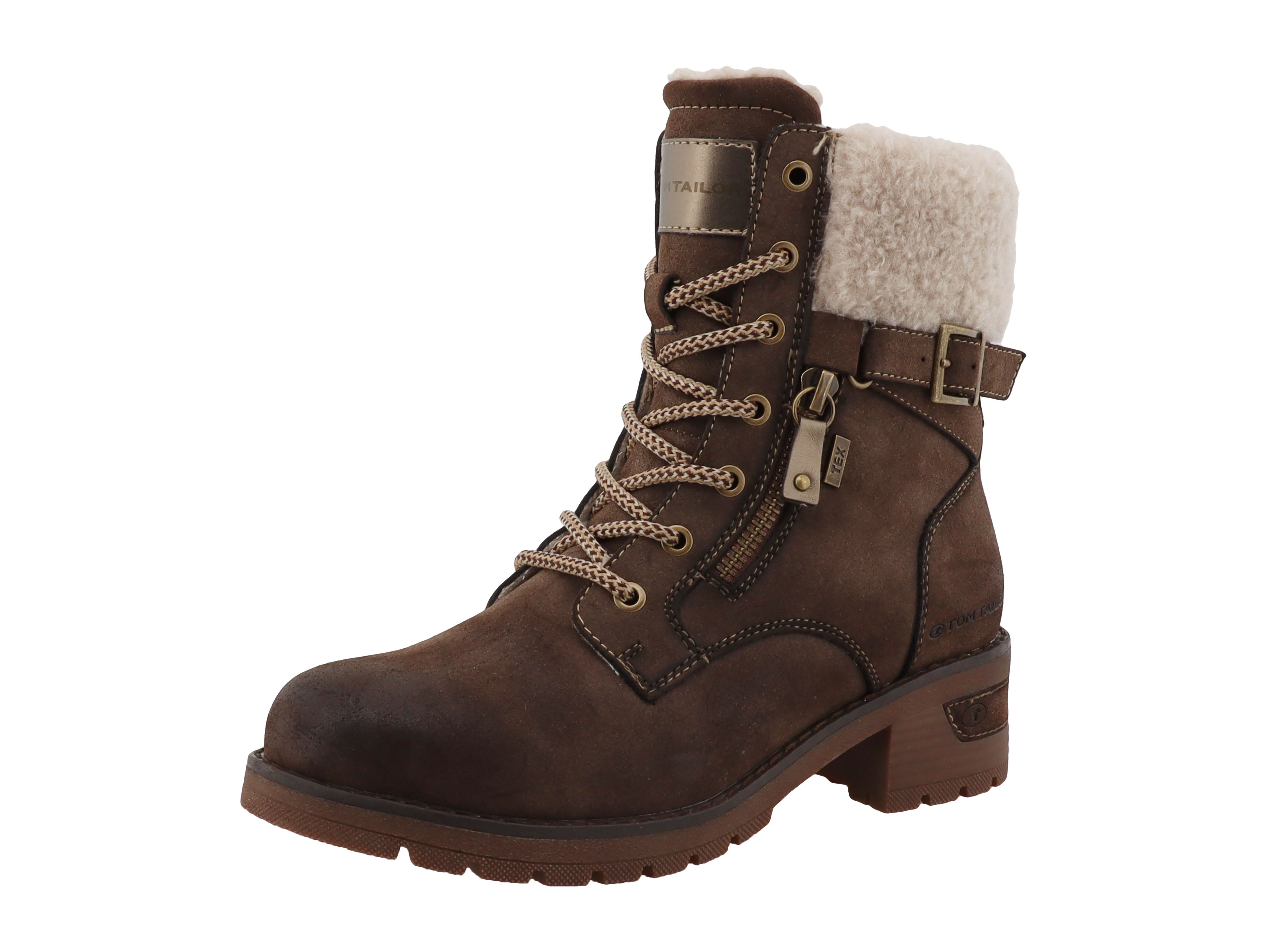 TOM TAILOR Winterstiefelette Blockabsatz, Winterboots, Schnürboots mit Fellimitat am Schaftrand