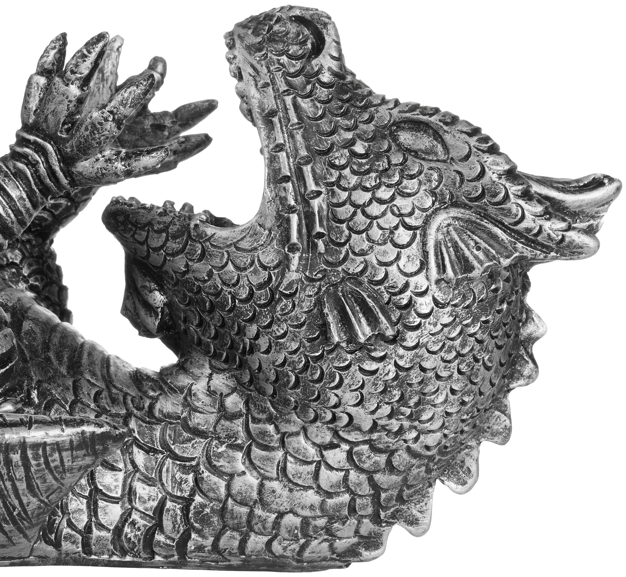 BRUBAKER Weinflaschenhalter Durstiger Drache Silber, (Deko Figur Handbemalt Weinzubehör, 1-St., Lustige Dekoration aus Kunstharz - Wein Geschenk), Fantasy Flaschenhalter Drachenmodel - Flaschenständer