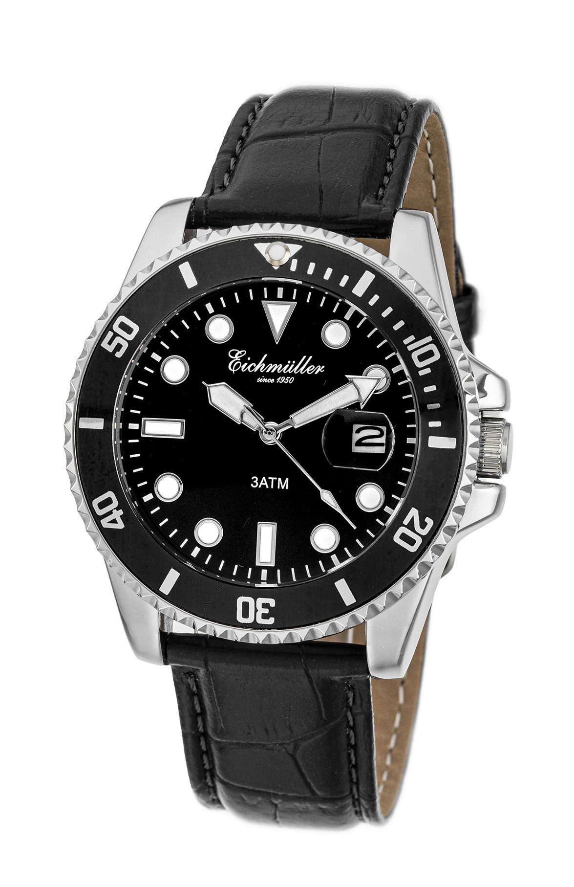 Eichmüller Quarzuhr Herrenuhr RE3005 Taucheruhr Look 41 mm Schwarz Lederarmband Datum