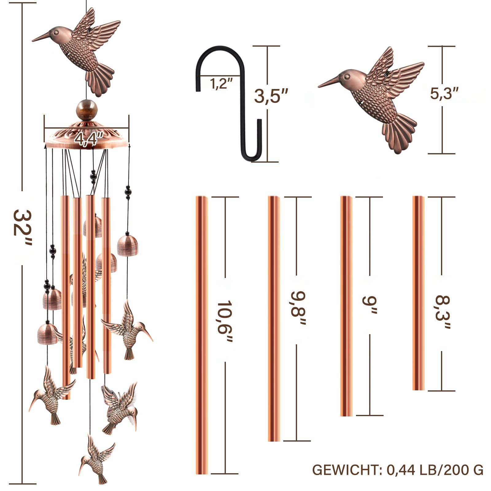 MOPUEA Windspiel Windspiele Für Draußen Schöner Klang mit 6 Glocken und 7 Dekorationen (1 St)