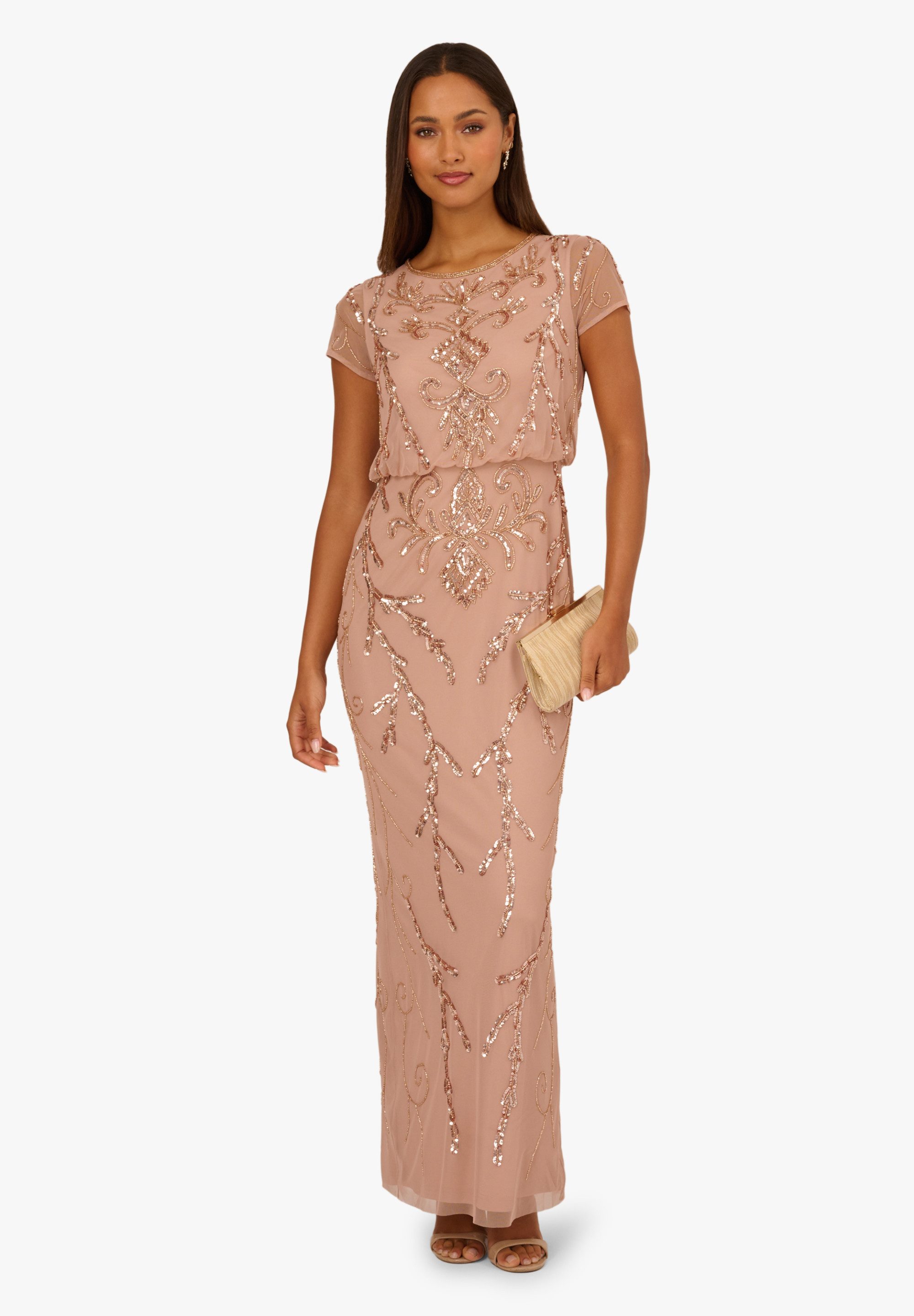 Adrianna Papell Abendkleid Bead Blouson Long Dress Petite, mit Perlen besticktes Kleid mit Mesh-Überzug