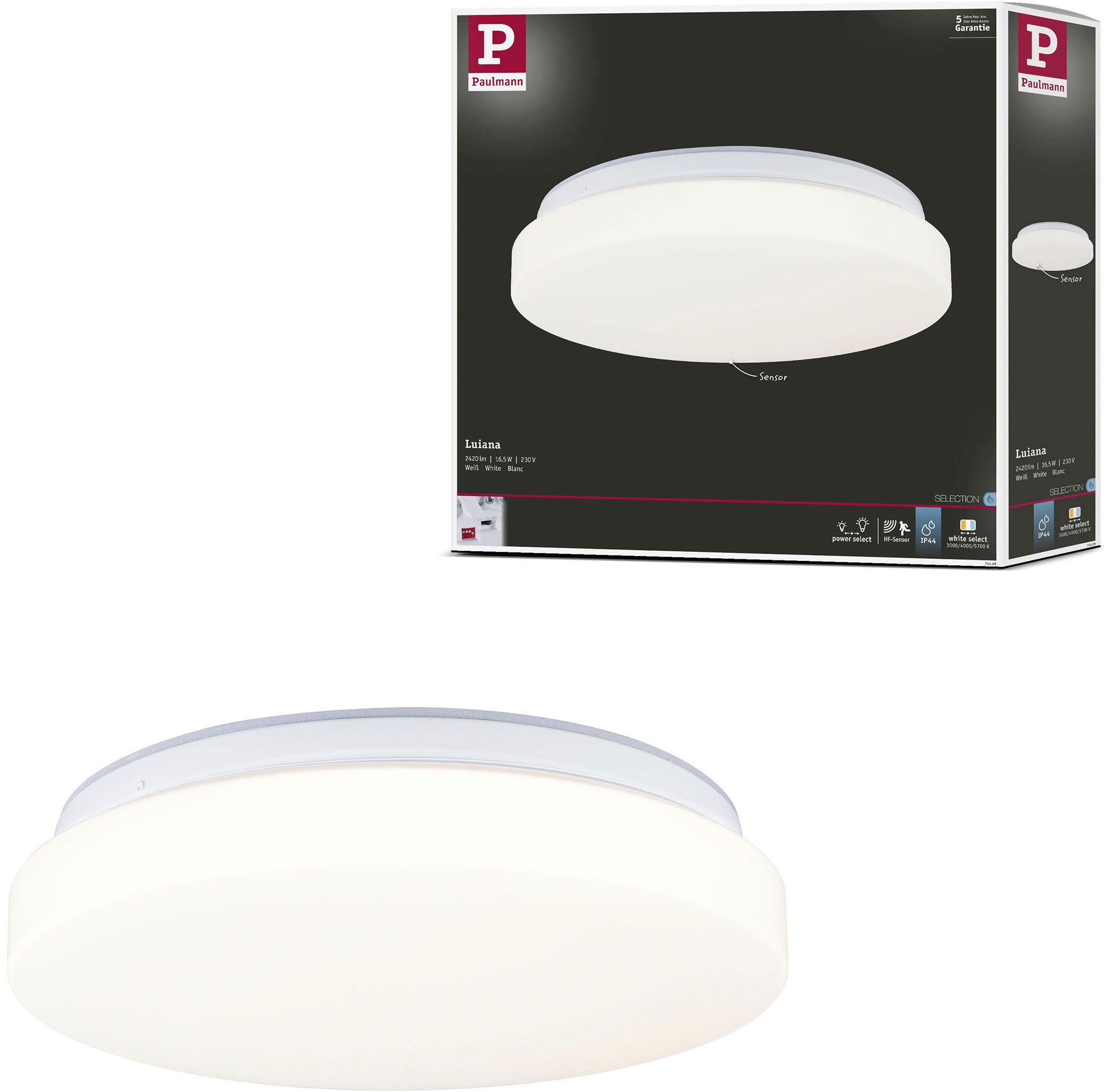 Paulmann LED Wandleuchte LED Wandleuchte Luiana IP44 HF Sensor weiß, LED fest integriert, mehrere Helligkeitsstufen, Farbwechsler, Farbsteuerung