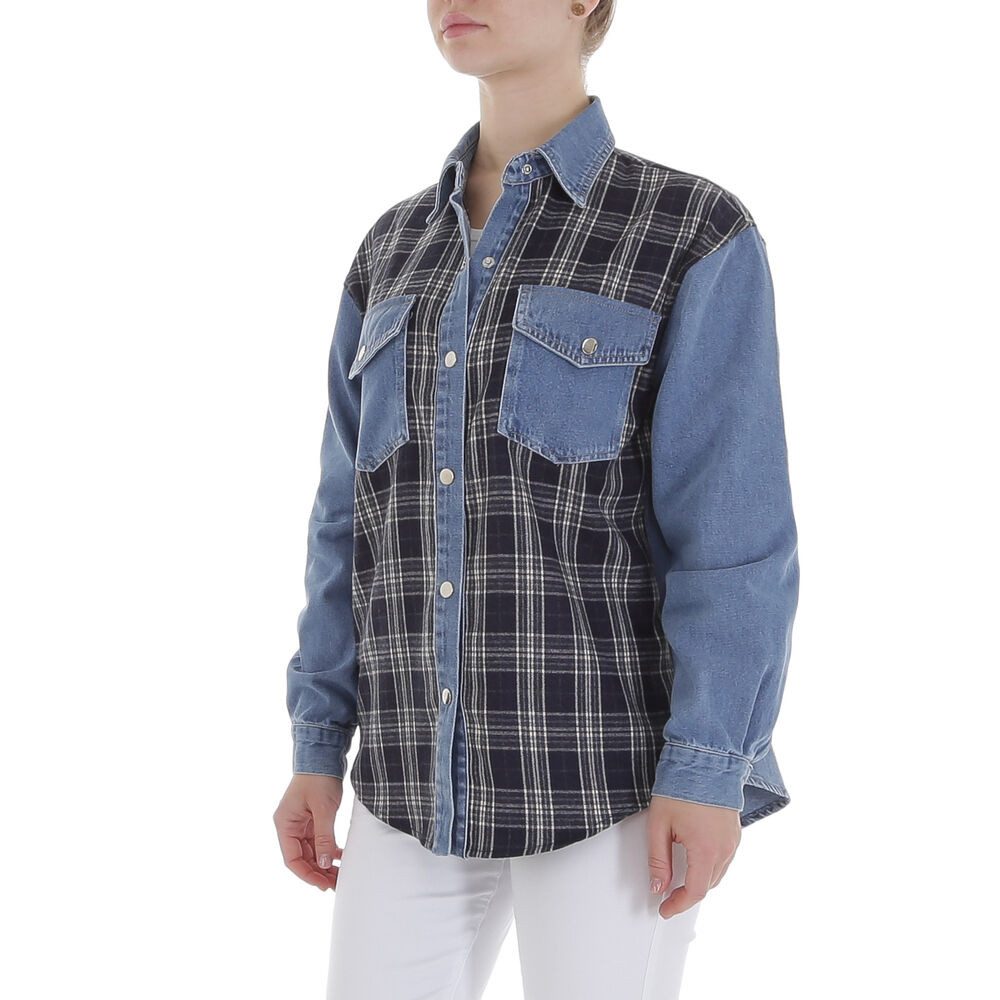 Ital-Design Jeansjacke Trendiges Patchwork-Hemd für Damen im Alltag (89867171) Lagenlook Kariert Jeansjacke in Blau