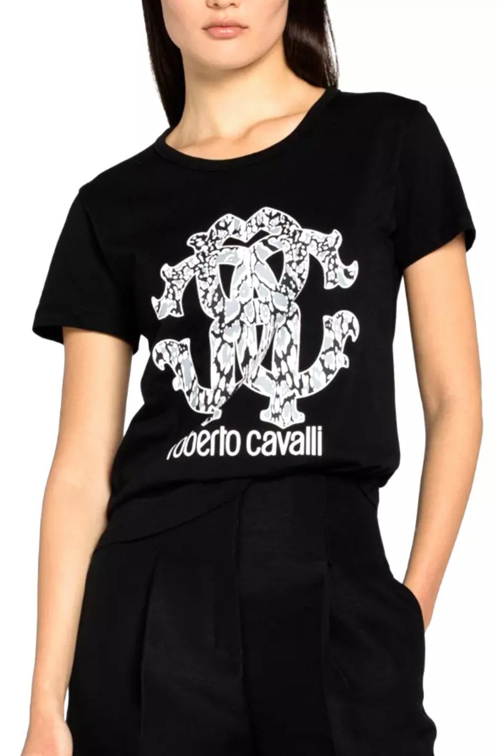 roberto cavalli T-Shirt Firenze Damen RC Monogram Print Logo Slim Fit Scoop-Neck-Ausschnitt und Slim Fit für eine moderne Passform