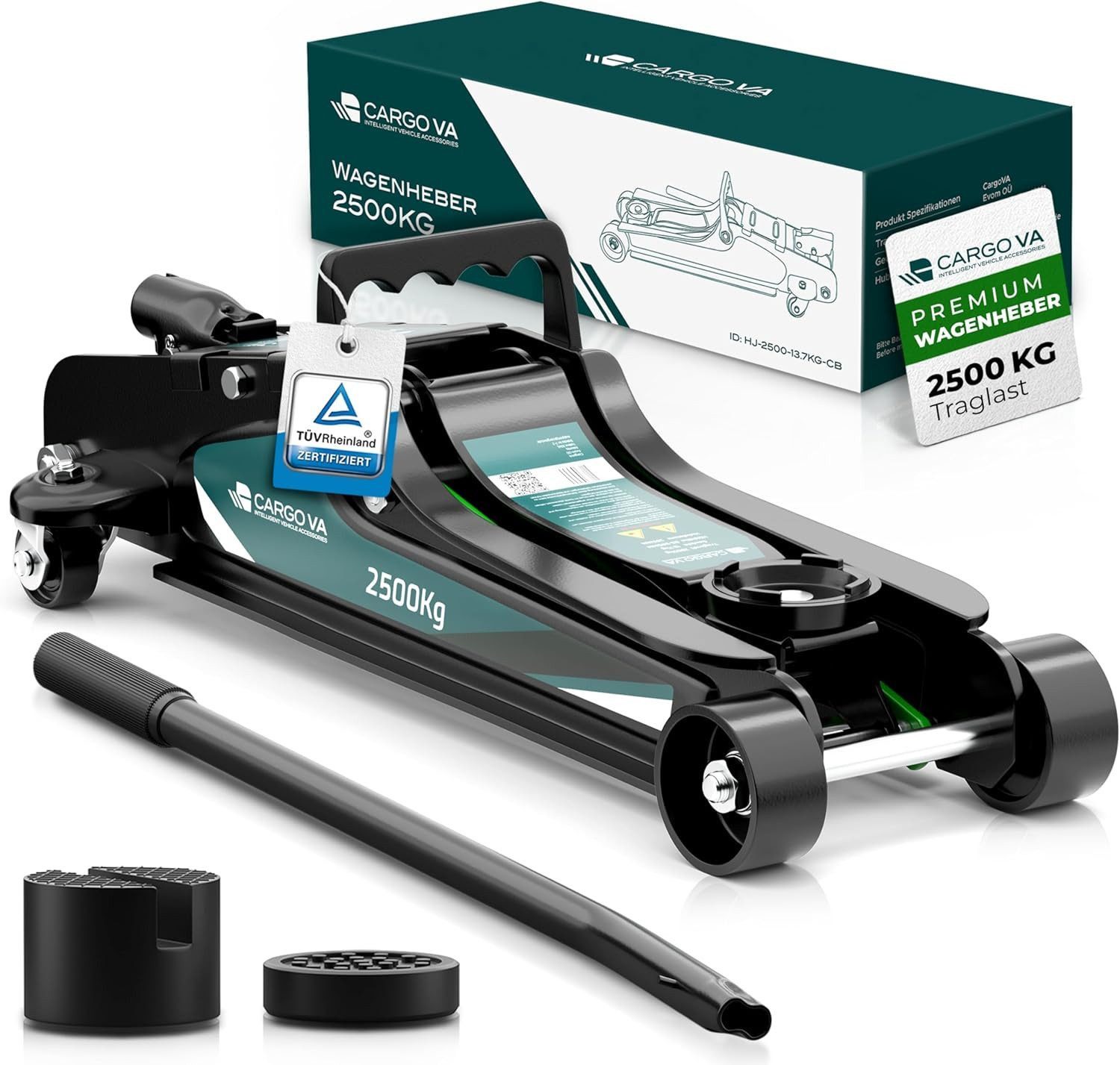 CargoVA® Rangierwagenheber Hydraulischer Wagenheber 2,5T inkl. 2 Gummiauflagen, TÜV zertifiziert, max. Hubhöhe: 38 cm, Wagenheber-Set, Wagenheber-Set inkl. Gummiauflagen, bis 2,5t; TÜV & GS geprüft