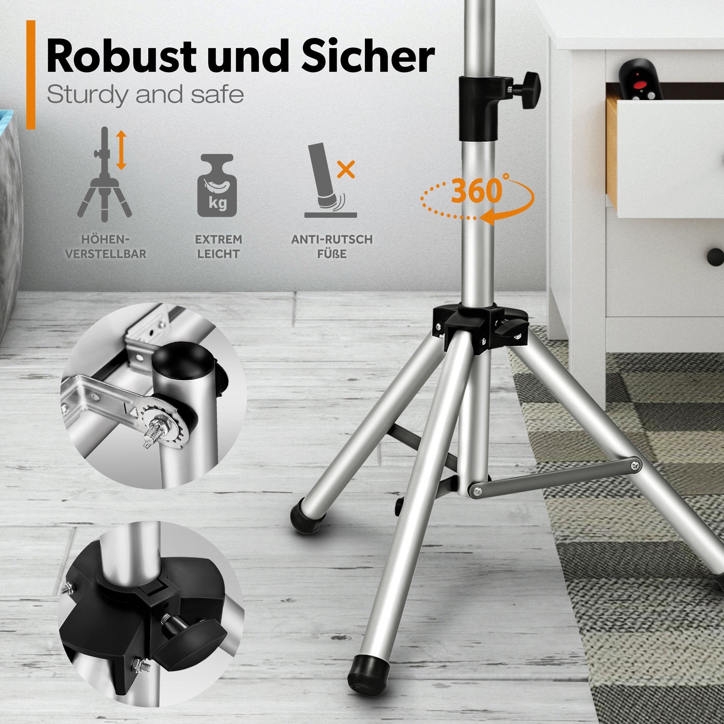 TRESKO Heizstrahler Infrarot Wärmestrahler elektrisch mit Fernbedienung, 2500 W, 3 Heizstufen, Terrassenstrahler Innen & Außen, höhenverstellbar