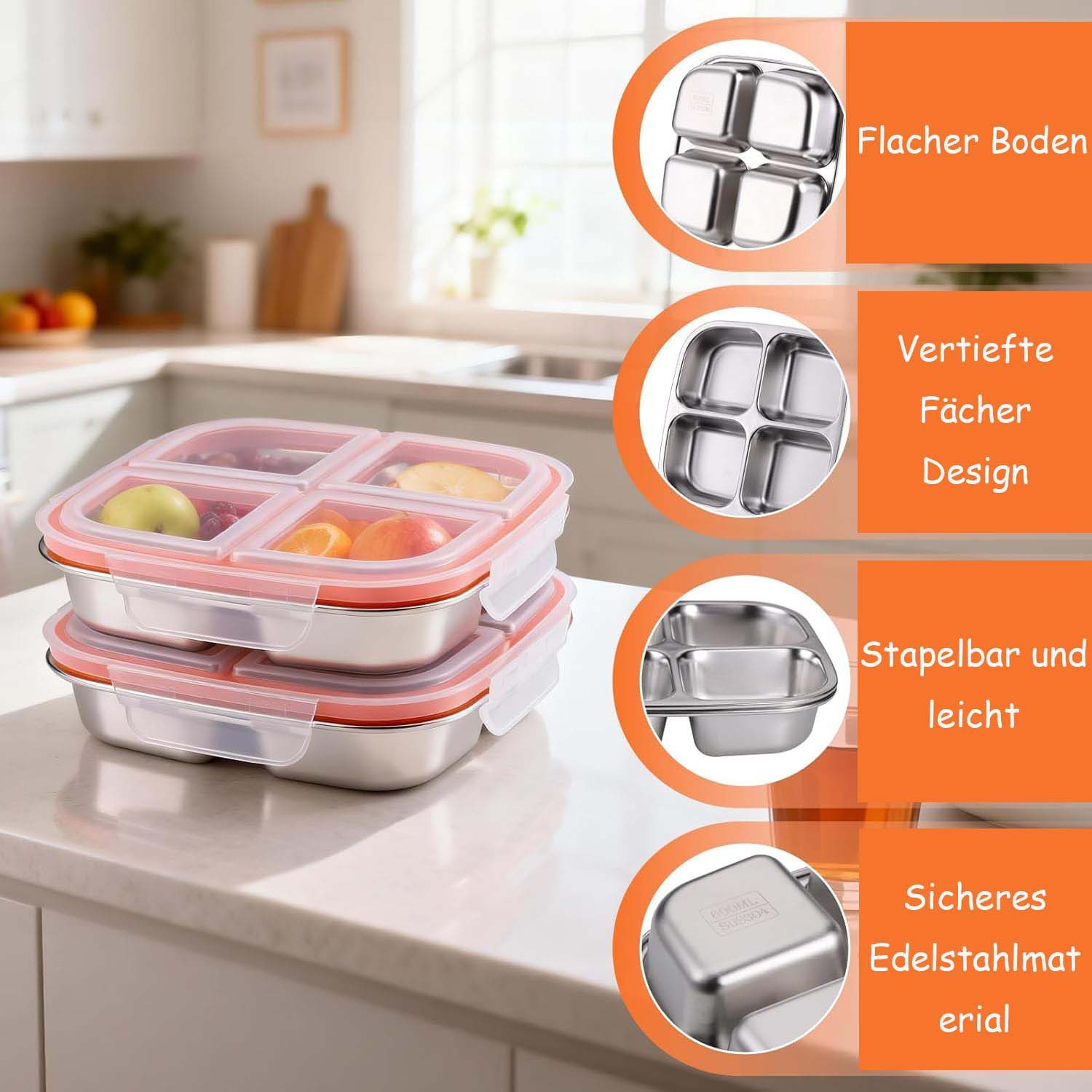 Agger Lunchbox Snackbox mit Fächern Edelstahl, Wiederverwendbare Snackdose für Kinder