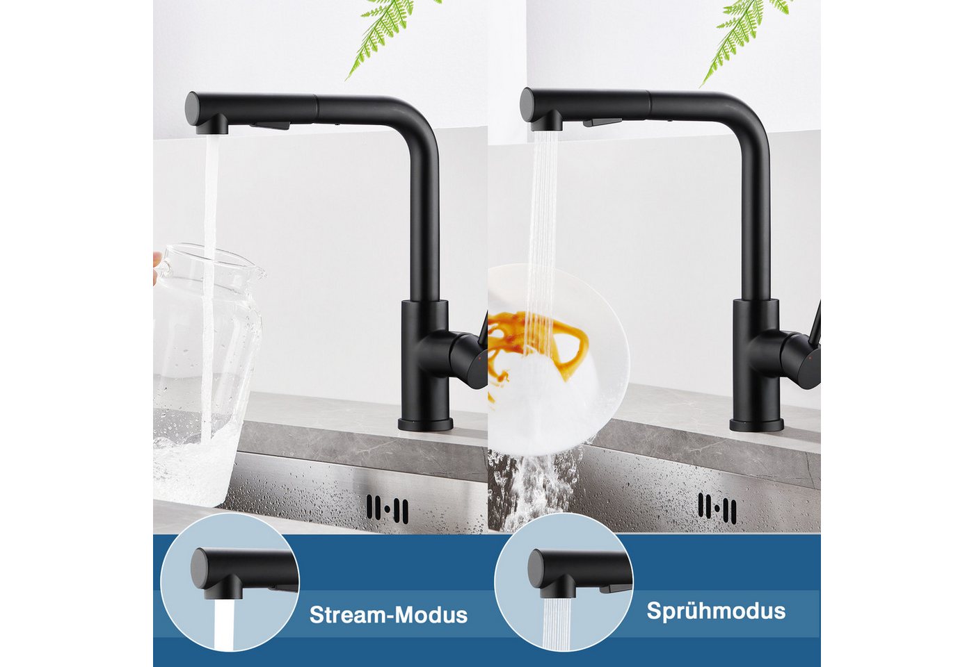 Thumbnail - WOOHSE Küchenarmatur Wasserhahn Küche Ausziehbar 3 Anschlüsse, Niederdruck Armatur Schwarz (1-St) 360° Drehbar Küchenarm...