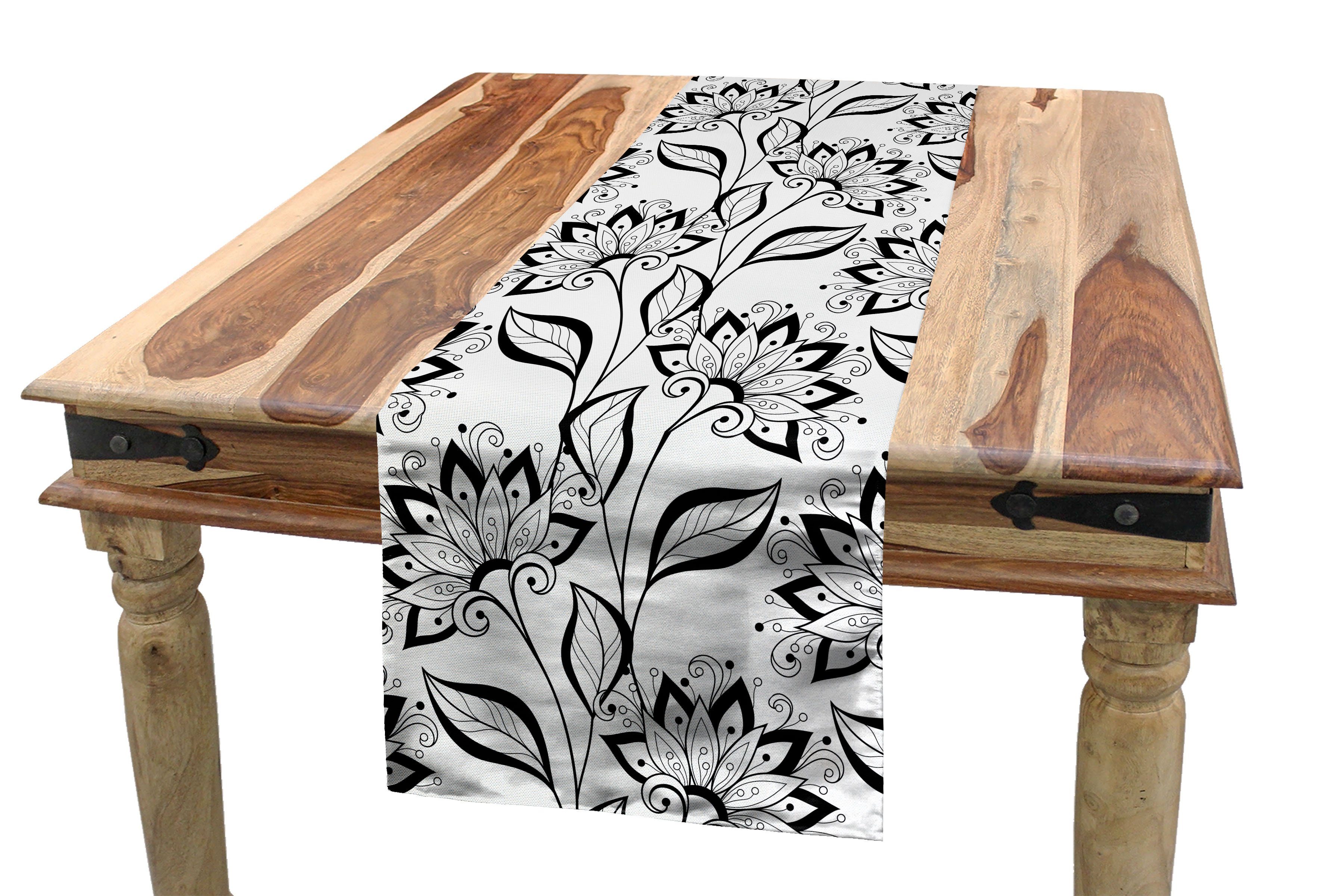 Abakuhaus Tischläufer Esszimmer Küche Rechteckiger Dekorativer Tischläufer, Schwarz und weiß Handgezeichnete Floral