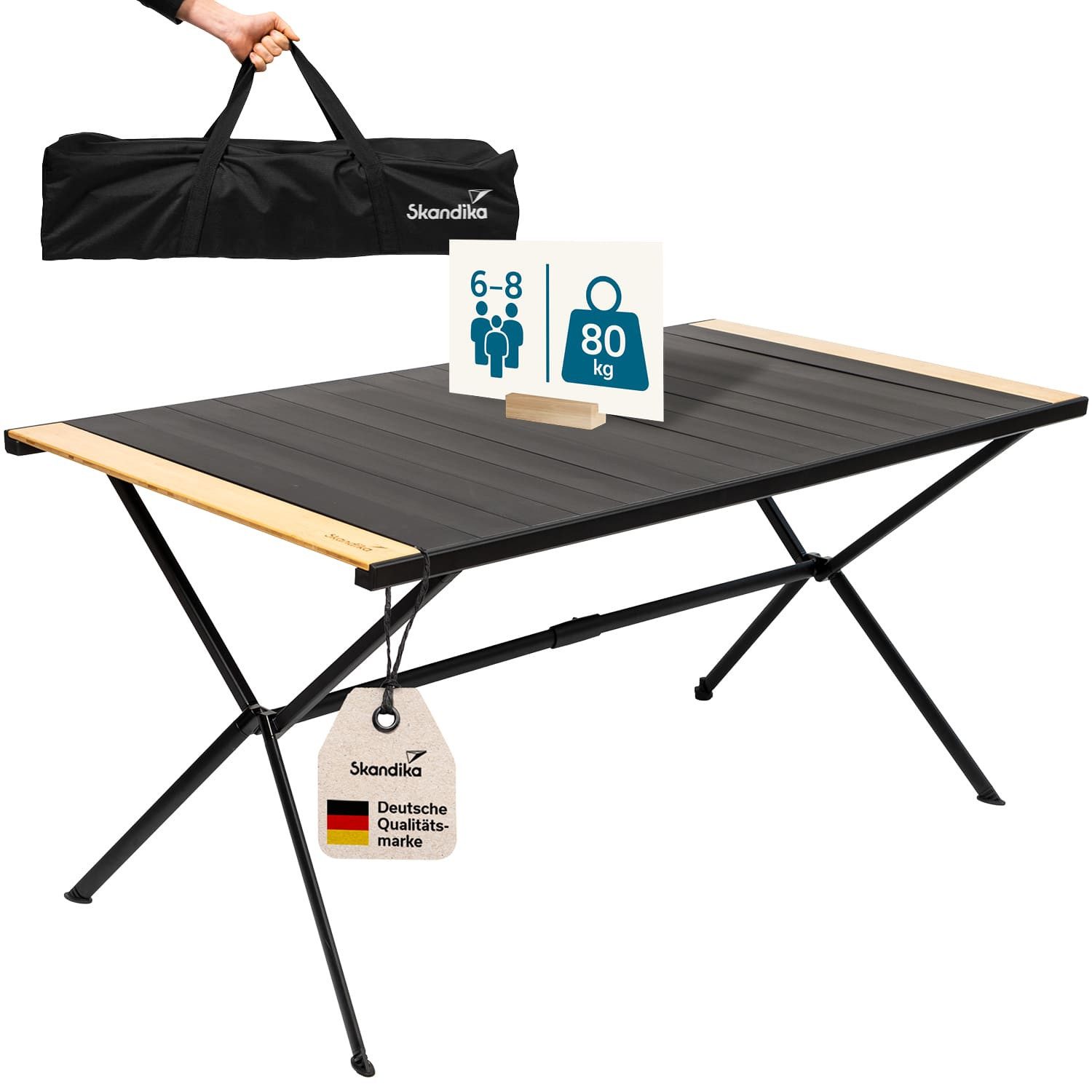 Skandika Campingtisch Tivaro, Alu Campingtisch mit Holz, für 6 Personen, klappbar, leicht (80 kg Traglast, 147x80x70cm, wetterfest, pflegeleicht, Gewicht 8 kg), einrollbare Tischplatte, Höhenverstellbare Füße, Tragetasche