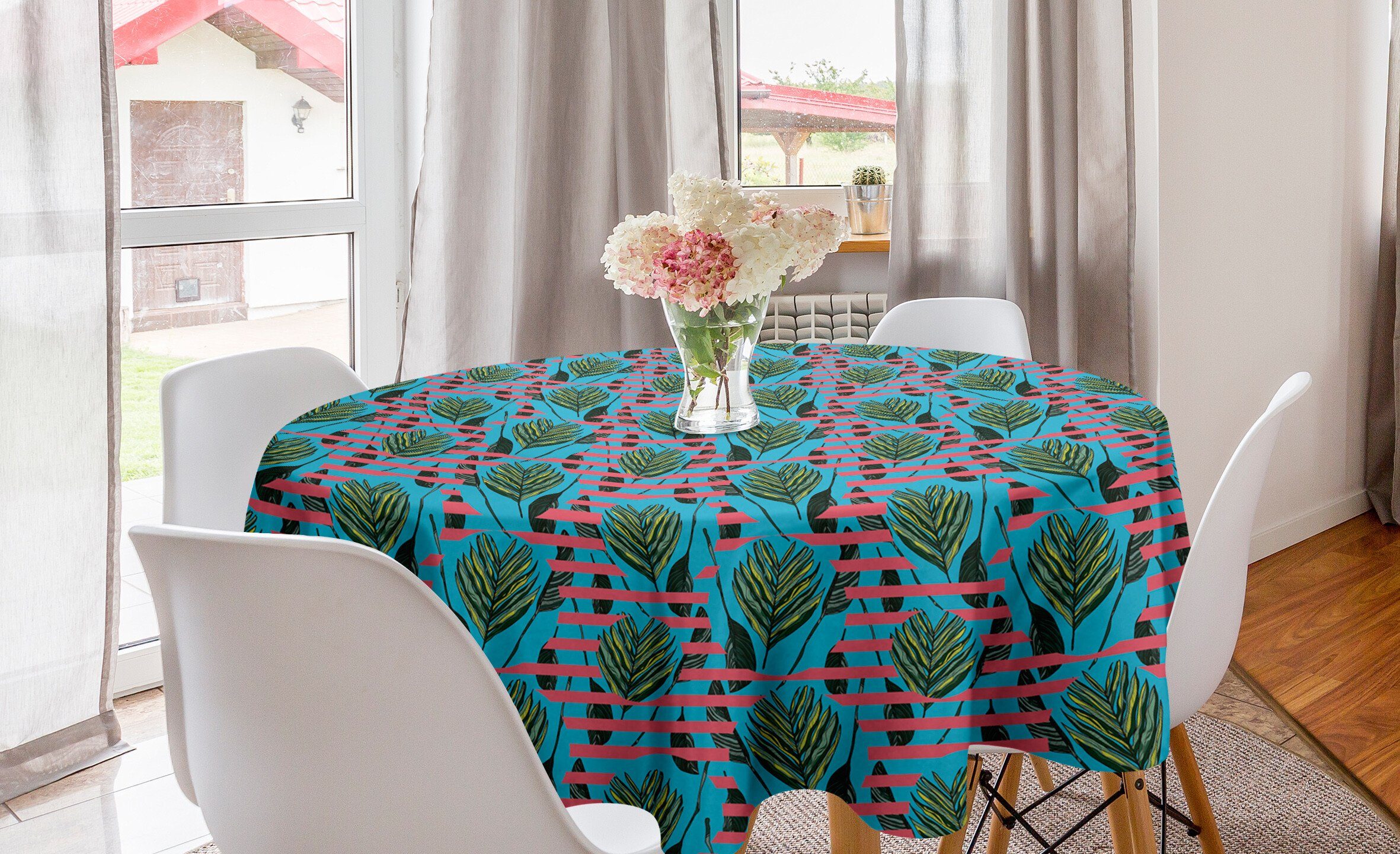 Abakuhaus Tischdecke Kreis Tischdecke Abdeckung für Esszimmer Küche Dekoration, Exotisch Moderne Streifen Tropic Blätter