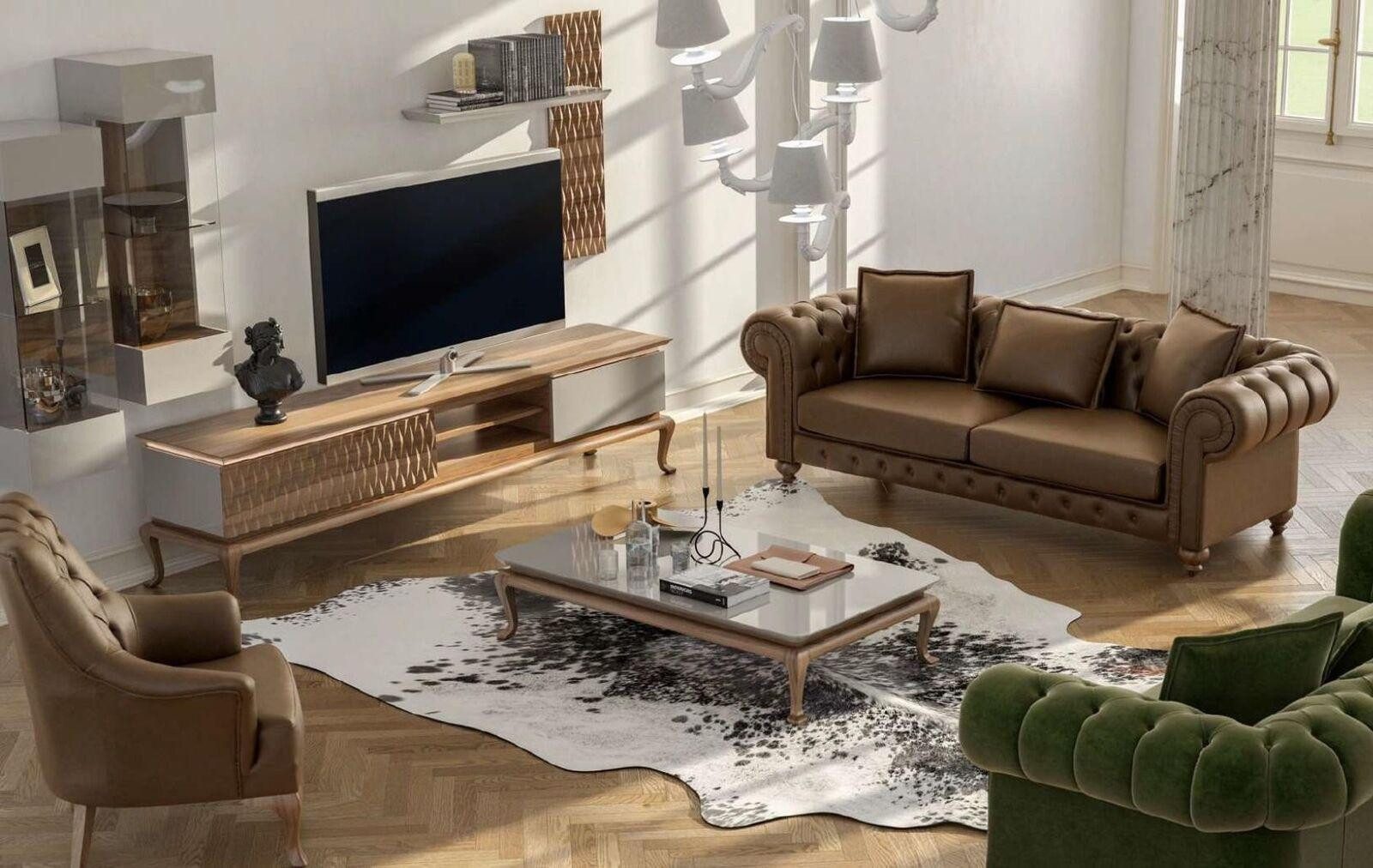 Polstergarnitur Braune Chesterfield Premium Sofa Set Moderner Dreisitzer Sofa