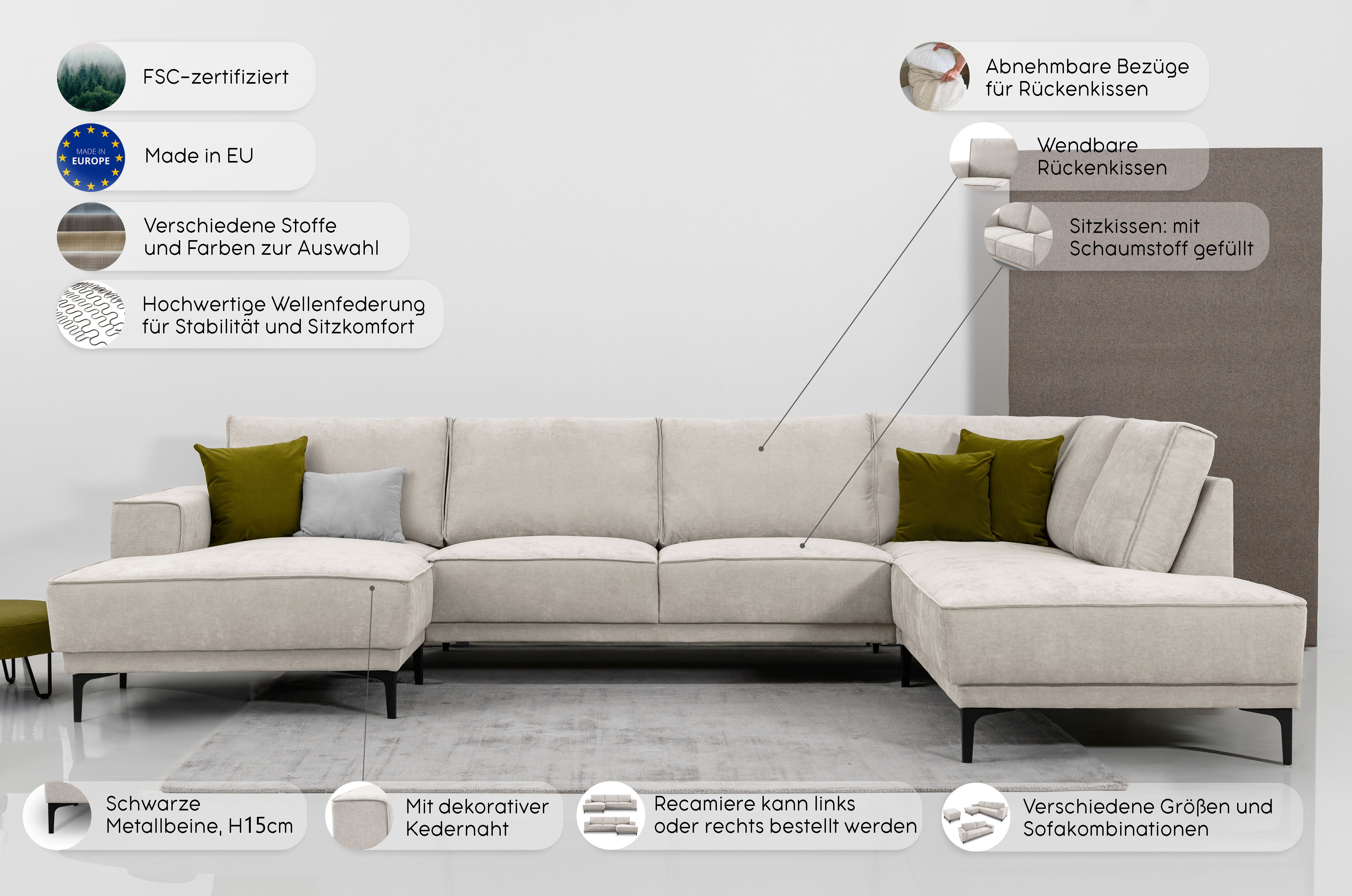 OTTO home Wohnlandschaft XXL Sofa Oland, Struktur, Flachgewebe, Luxus-Microfaser, Boucle, U-Form, 345 cm, Wellenunterfederung, Skandi-Design, Metallfüße