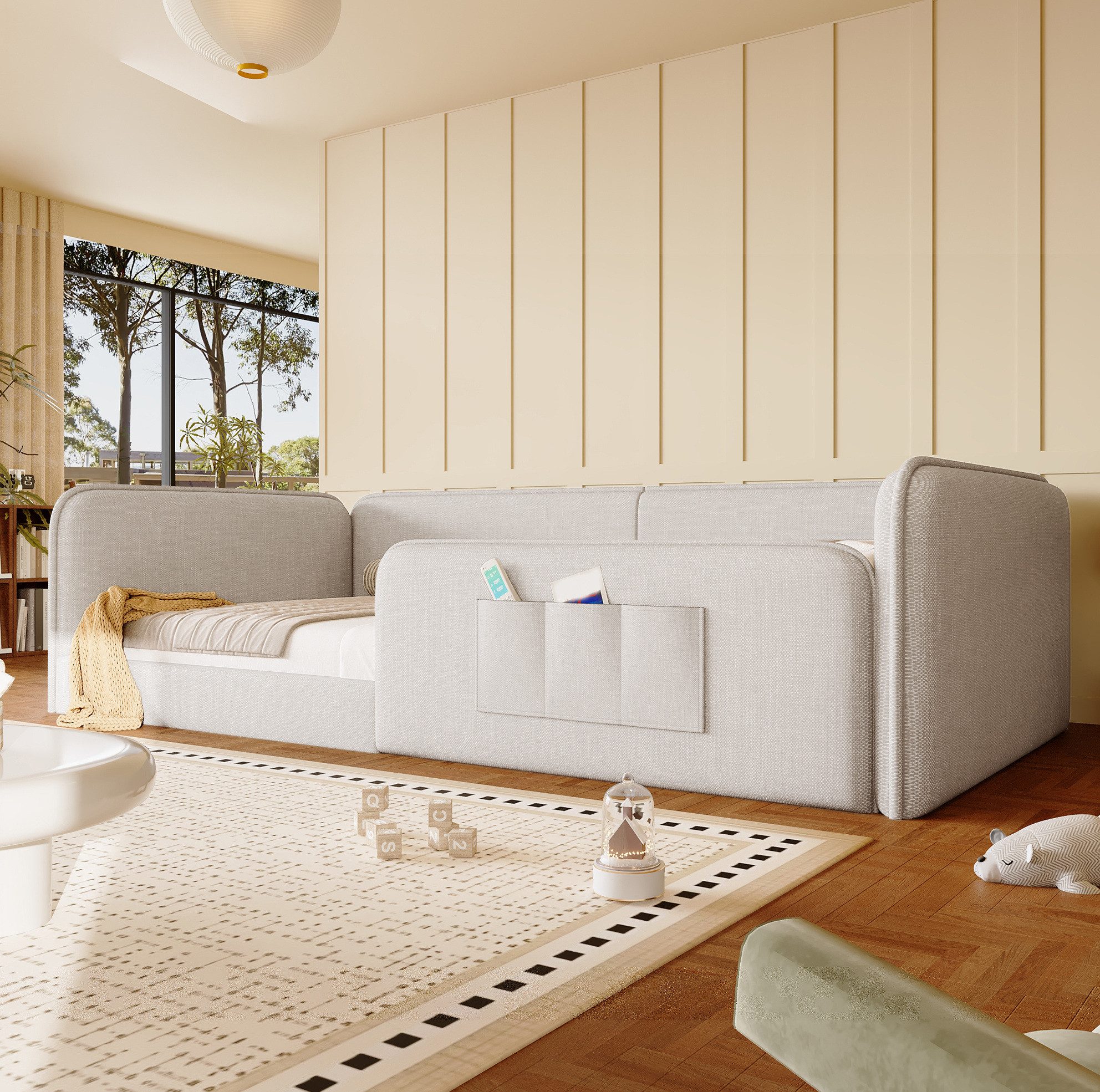 REDOM Polsterbett Weiches Polsterbett mit Schaumstoffpolsterung für Kinderzimmer (Packung, 1-tlg., 90x200 Bett Beige mit Leinenbezug Plattformrahmen ohne Matratze), Stabiler Bettrahmen mit Rundum-Schutzkante und Stoffbezug