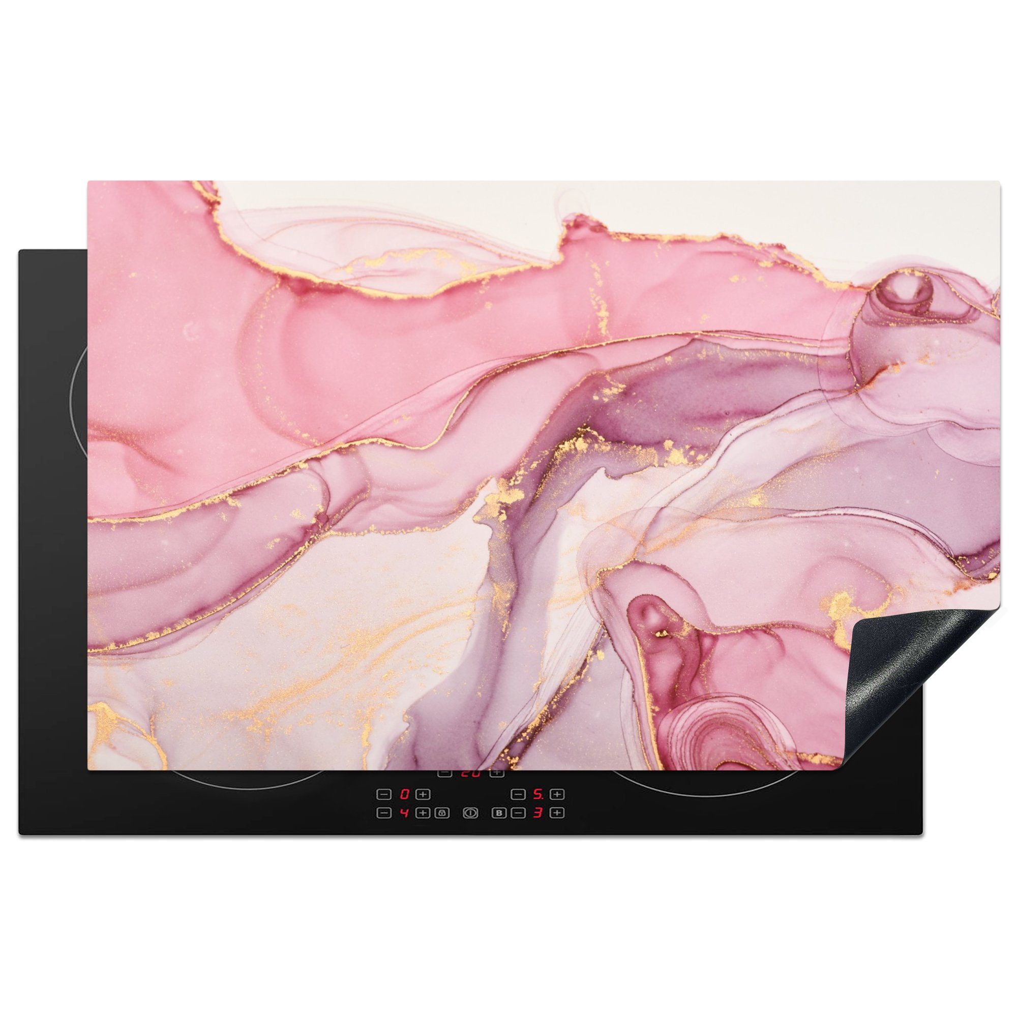 MuchoWow Herdblende-/Abdeckplatte Gold - Marmor - Rosa, Vinyl, (1 tlg), 81x52 cm, Induktionskochfeld Schutz für die küche, Ceranfeldabdeckung